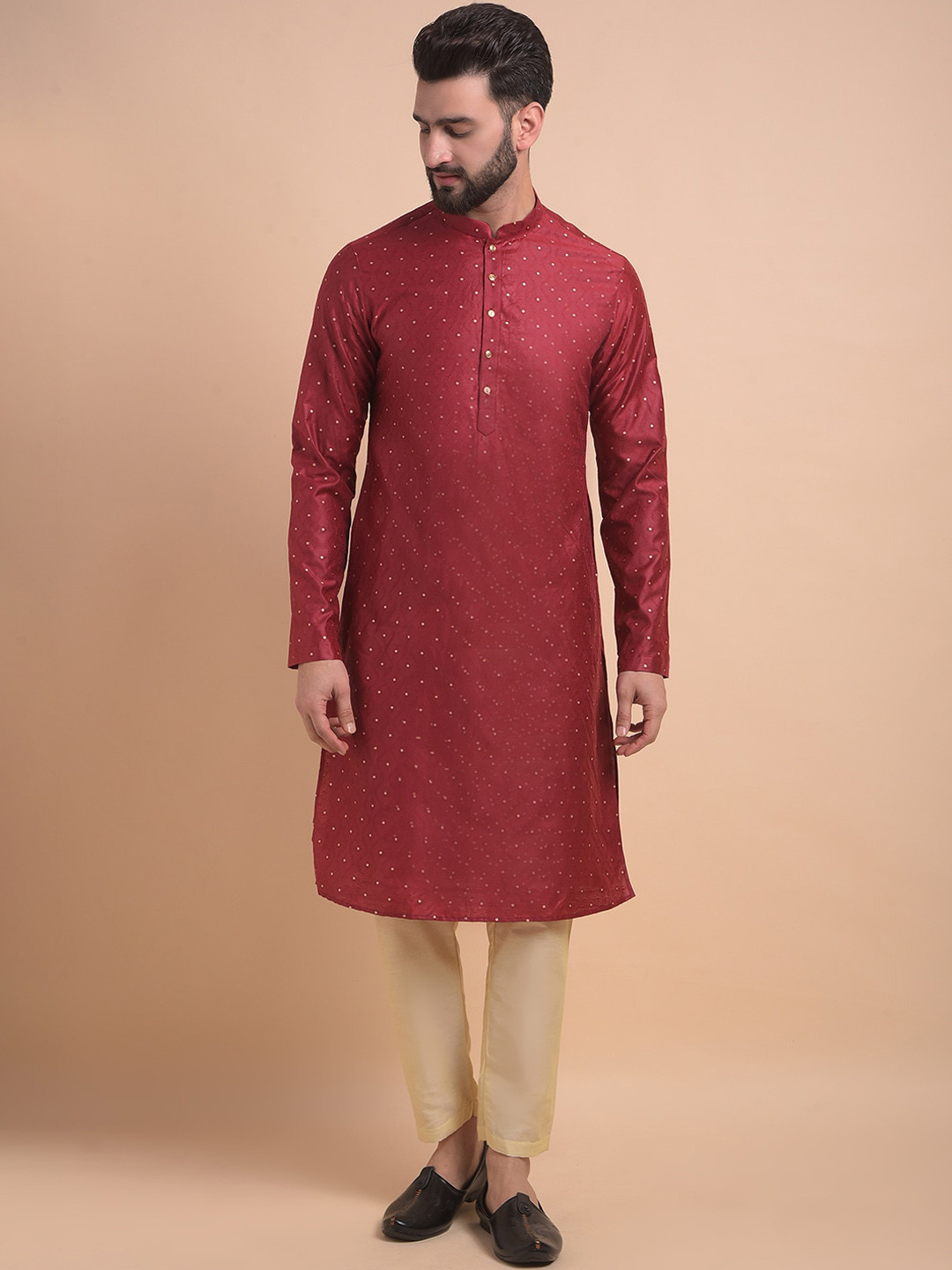 

Anouk Zari Mandarin Collar Long Sleeves Straight Kurta with Pyjama, Red