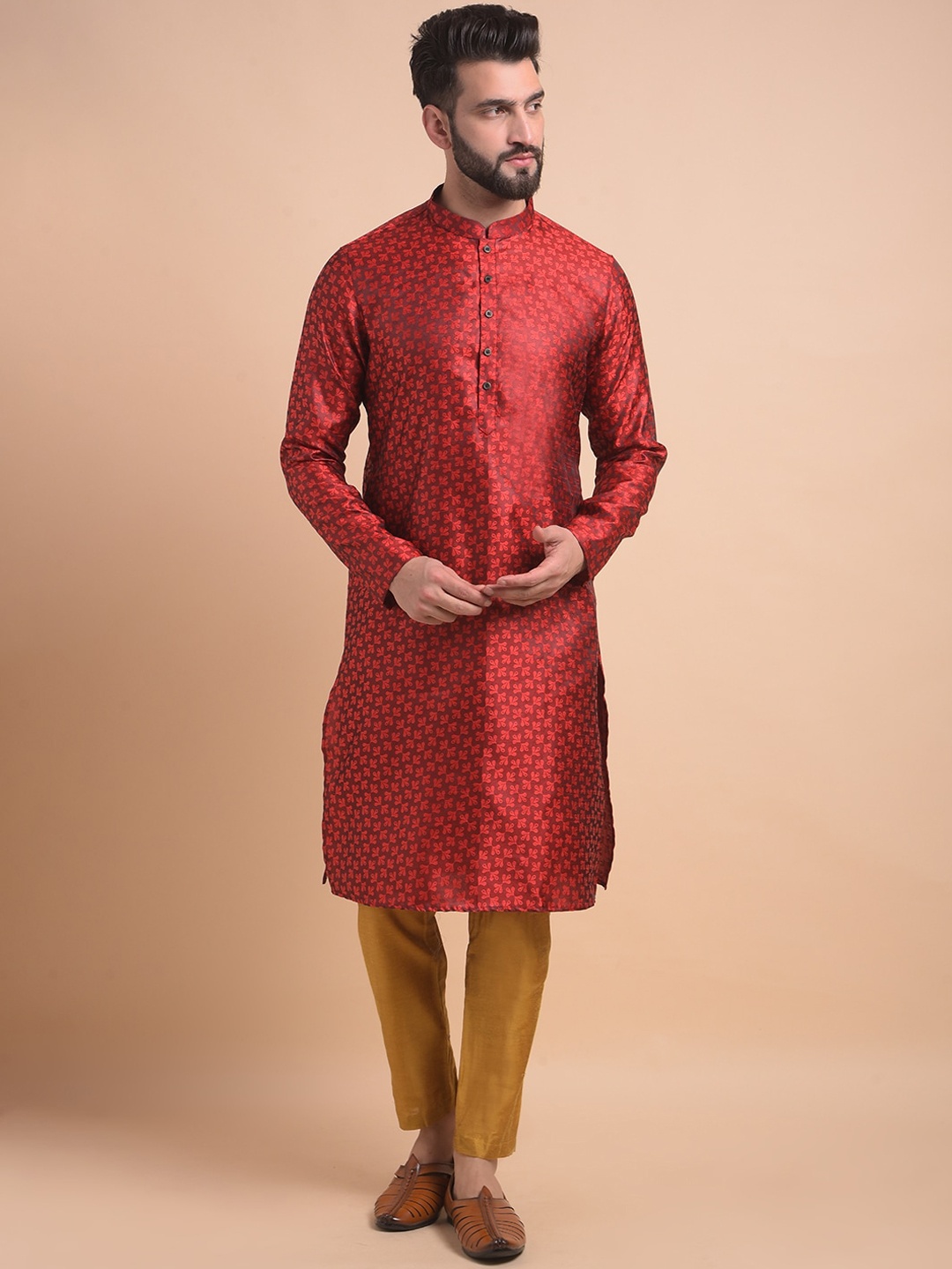 

Anouk Regular Mandarin Collar Long Sleeves Straight Kurta with Pyjama, Red