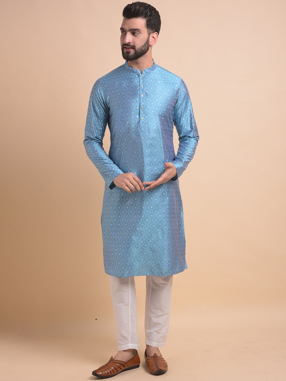 

Anouk Ethnic Woven Design Mandarin Collar Regular Zari Kurta With Pyjamas, Blue