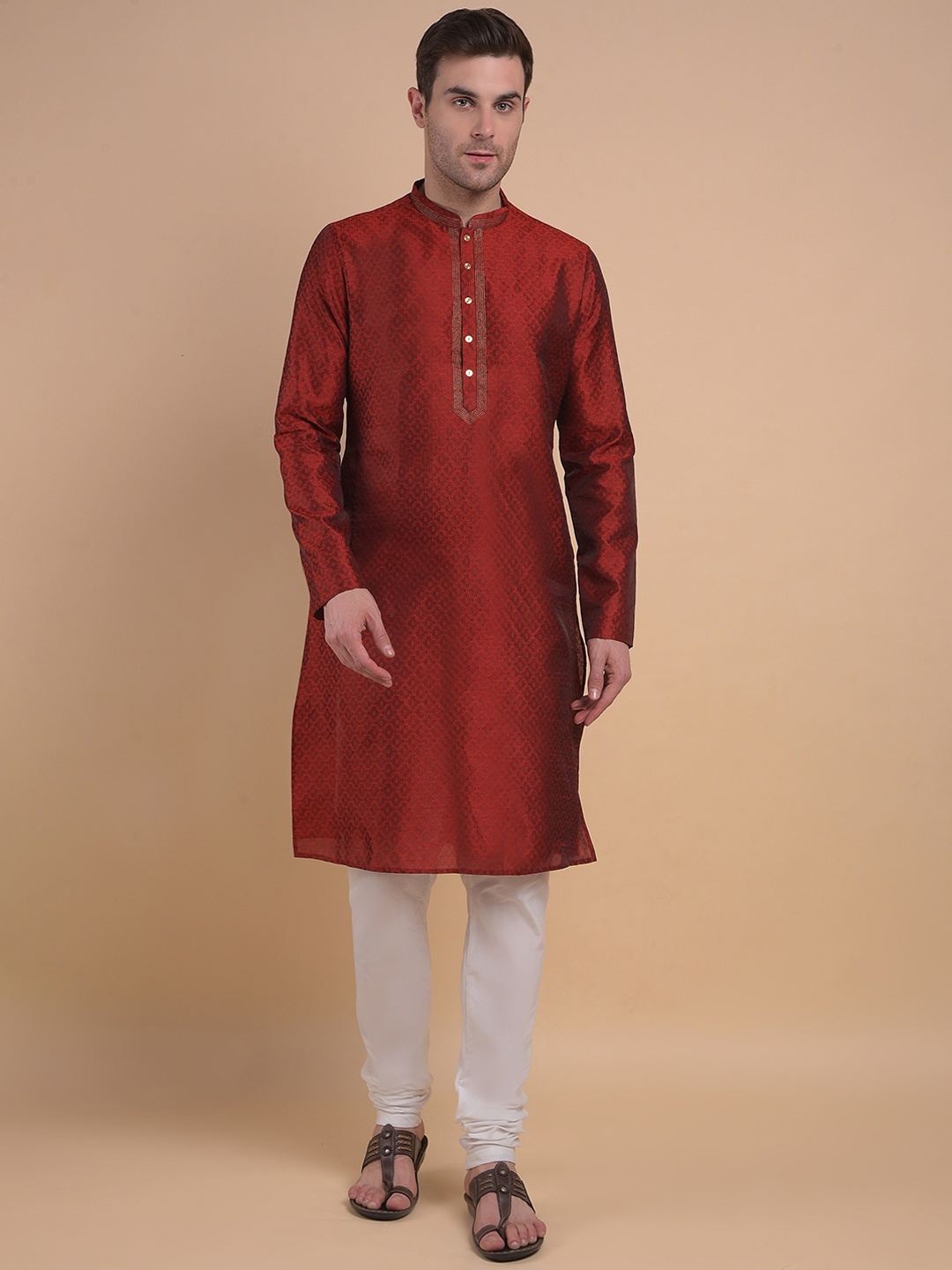 Anouk Mandarin Collar Long Sleeves Straight Kurta With Churidar, Red