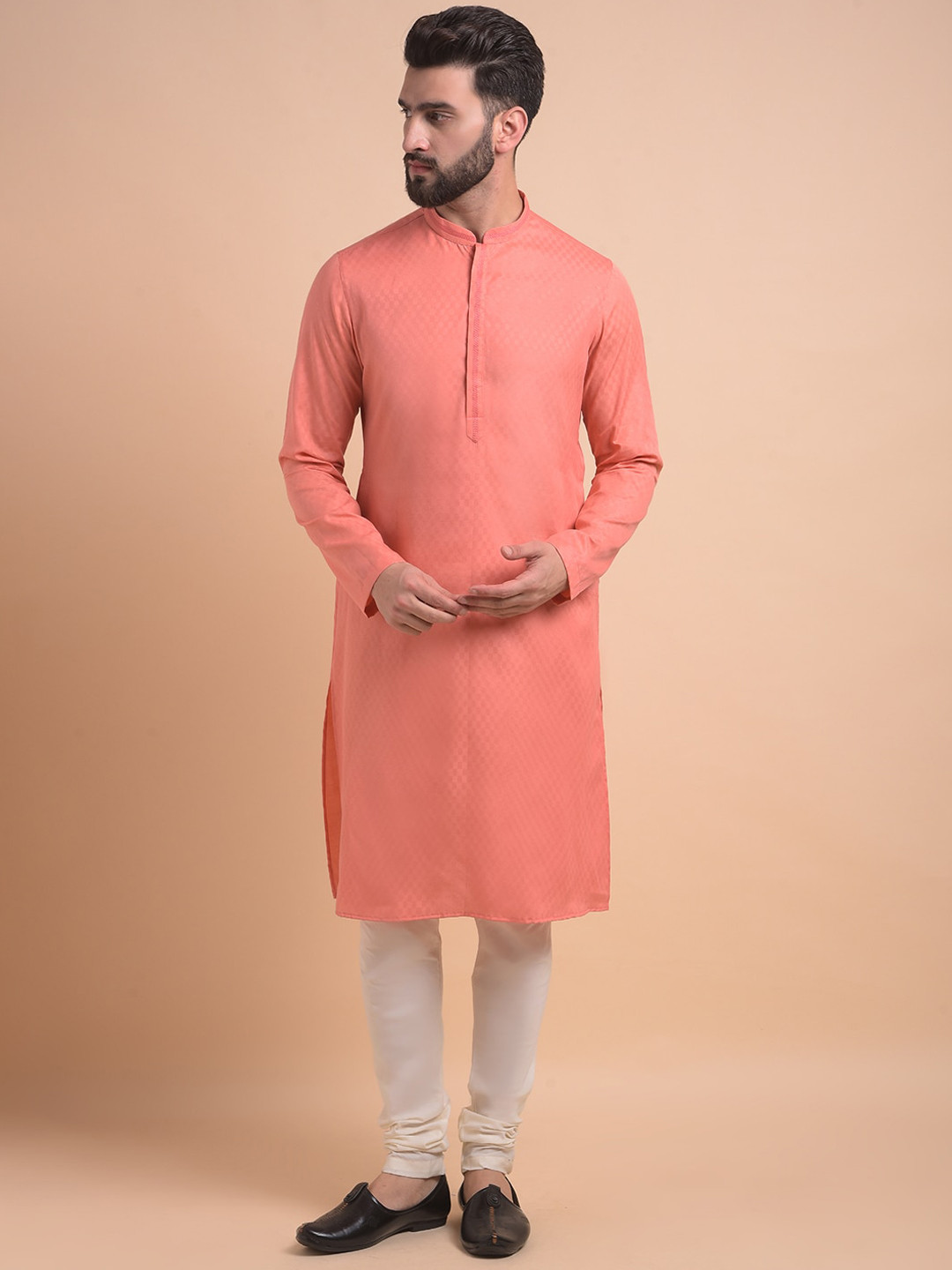 

Anouk Geometric Woven Design Mandarin Collar Long Sleeves Kurta with Churidar, Peach