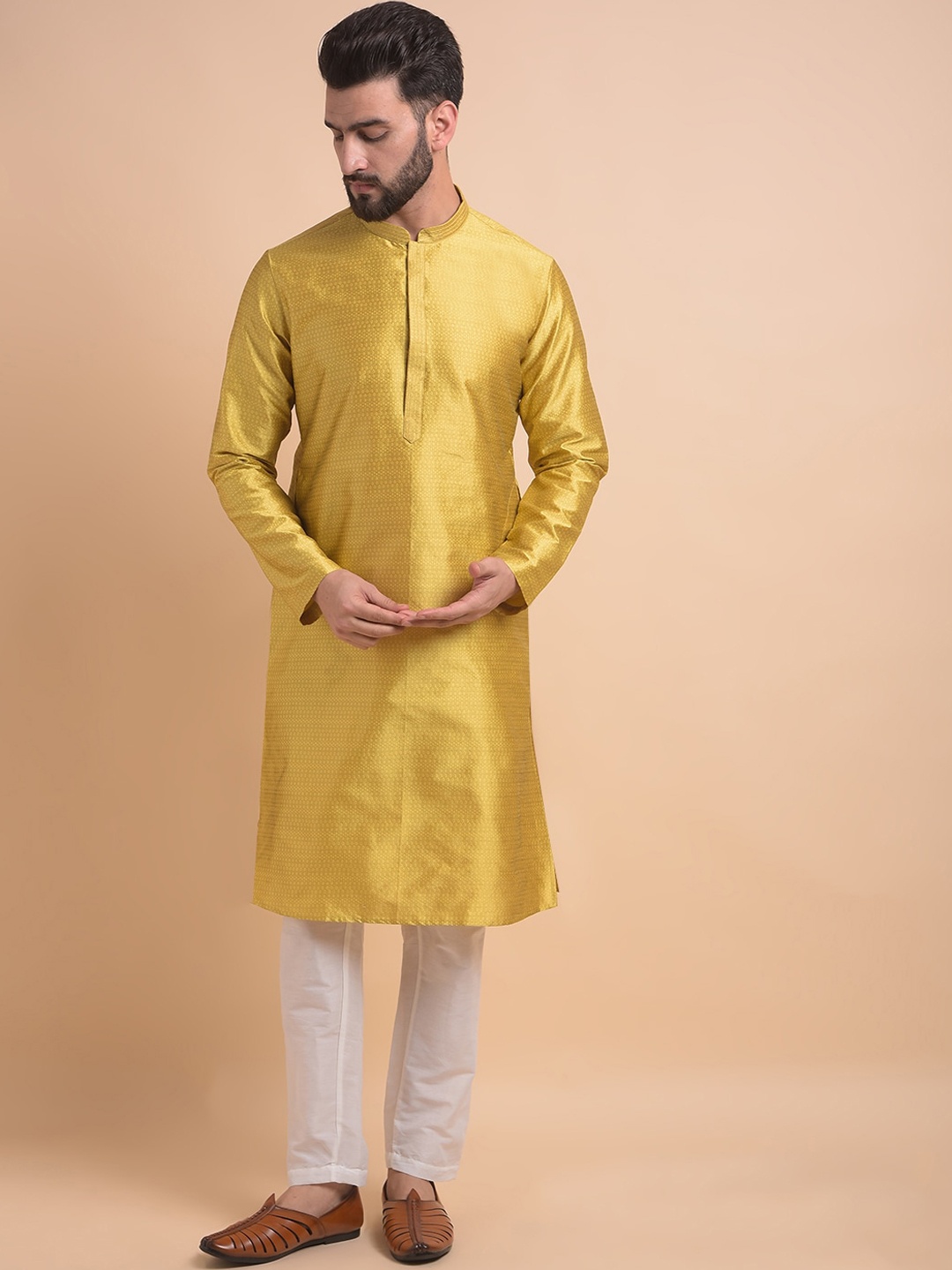 

Anouk Woven Design Mandarin Collar Long Sleeves Straight Kurta with Pyjama, Yellow