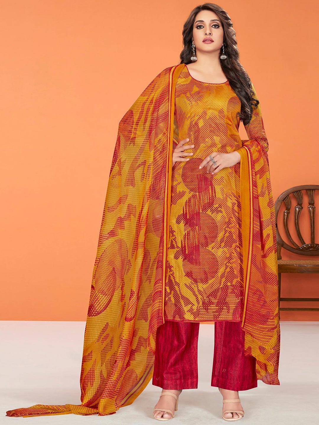 

Peachmode Geometric Printed Unstitched Dress Material, Mustard