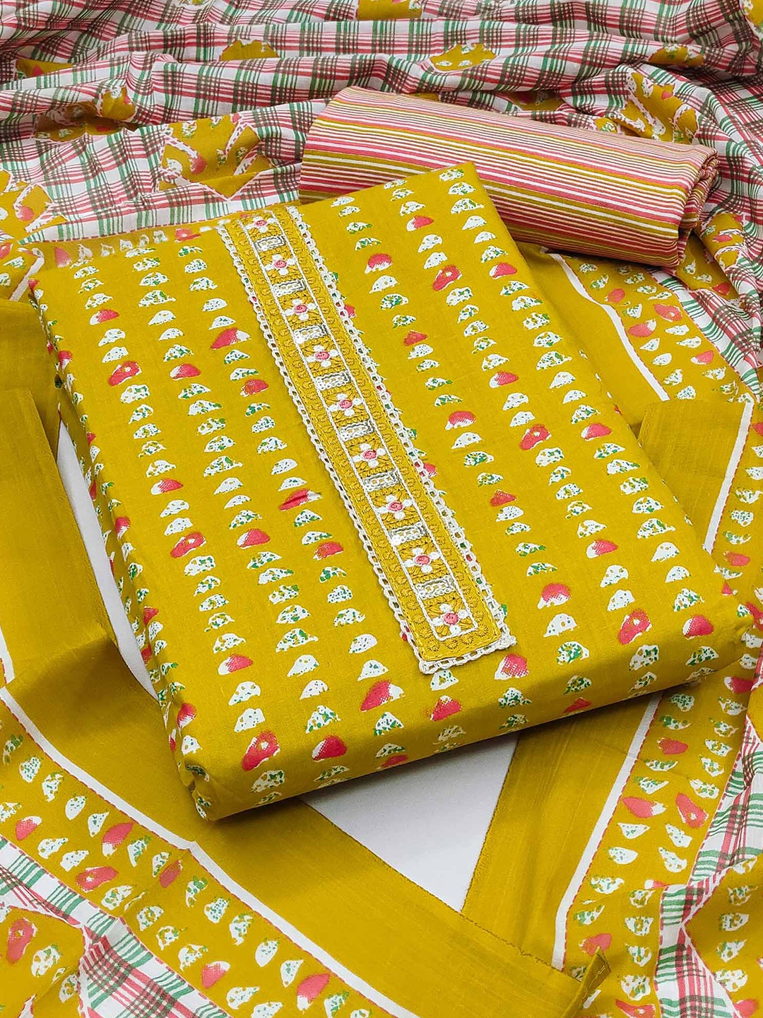 

Peachmode Abstract Printed Pure Cotton Unstitched Dress Material, Mustard