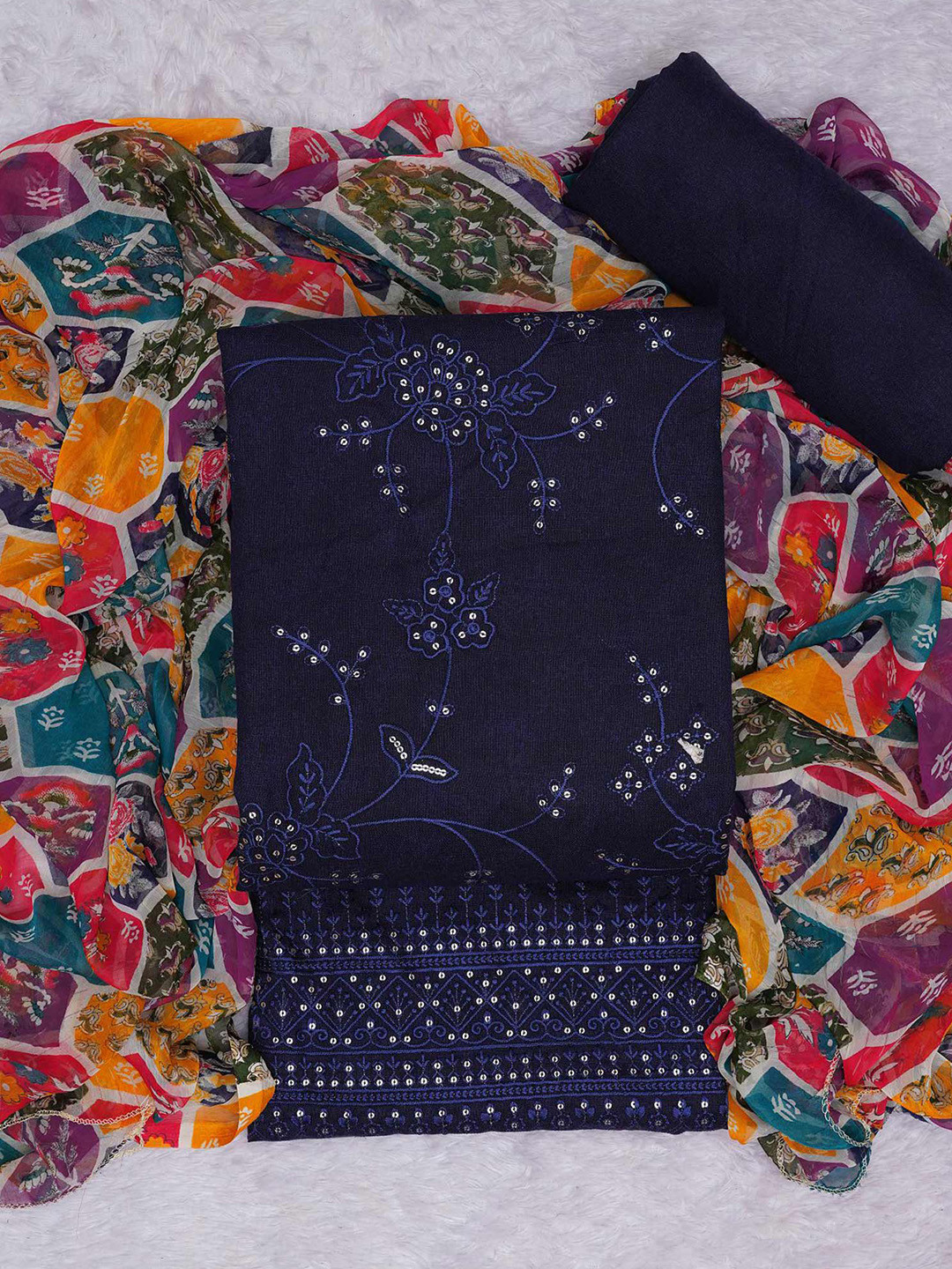 

Peachmode Floral Printed Sequinned Unstitched Dress Material, Blue