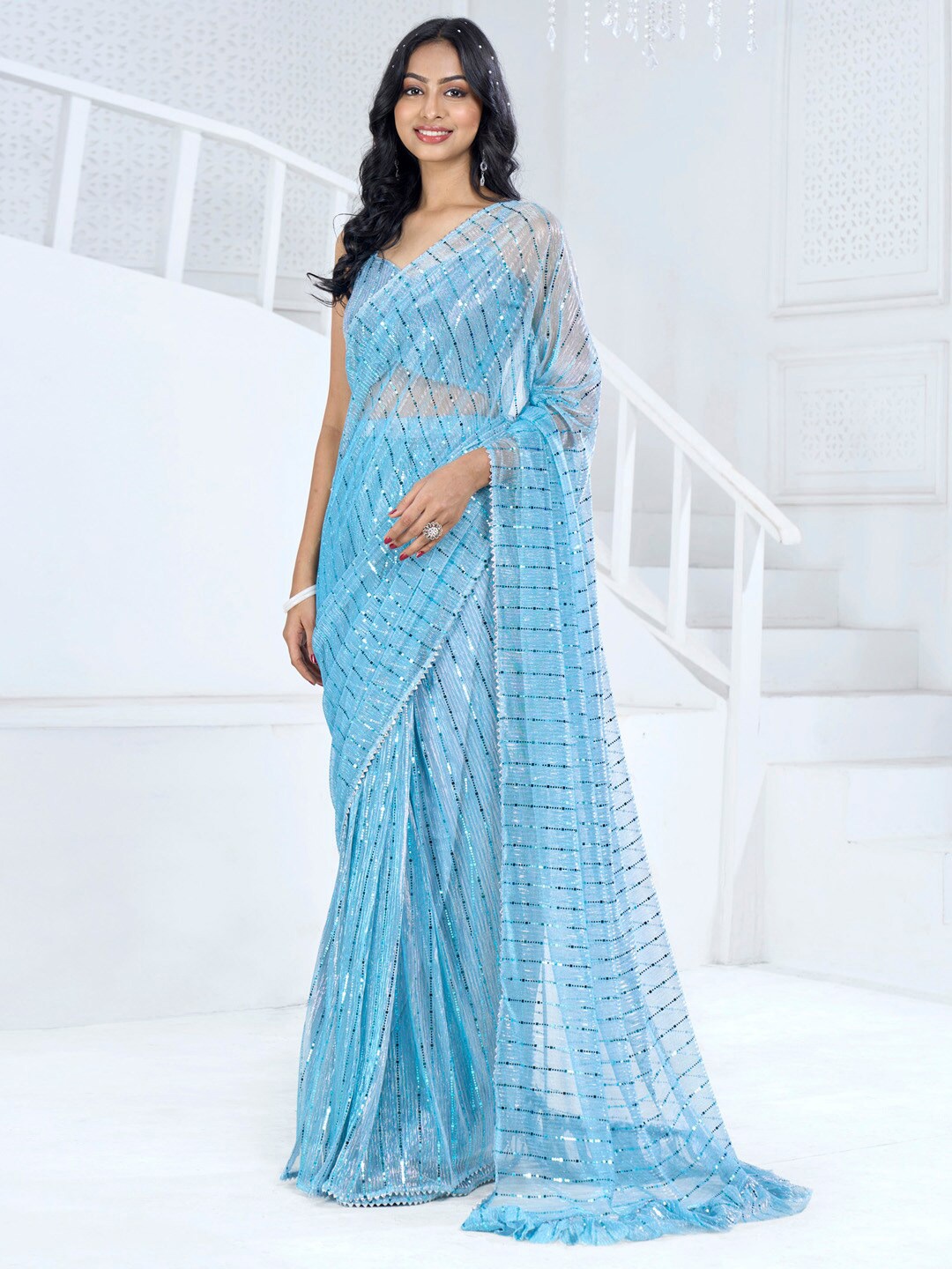 

Saree mall Embellished Sequinned Ready to Wear Saree, Blue