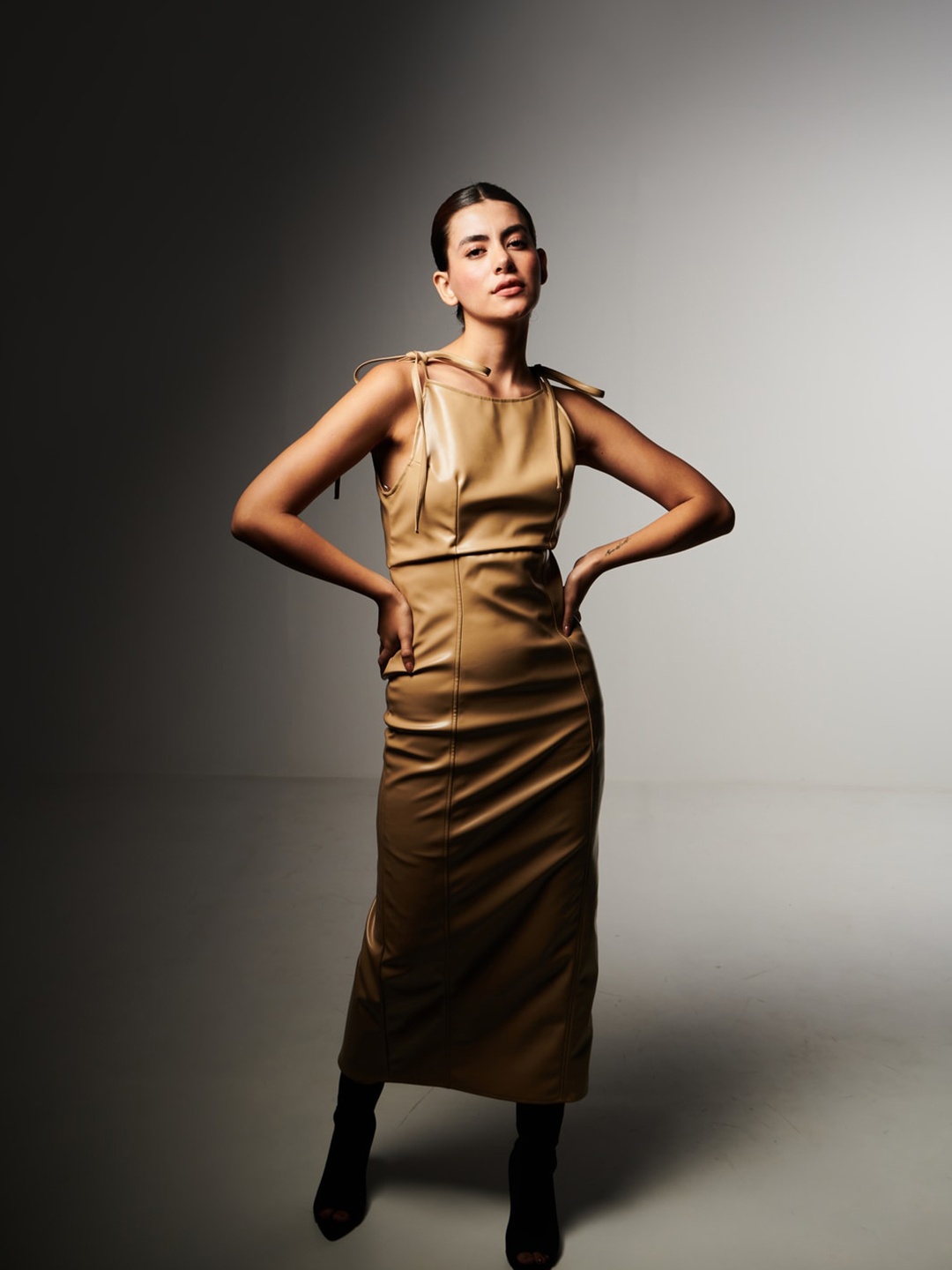 

SOTBELLA Shoulder StrapsLeather Maxi Dress, Brown