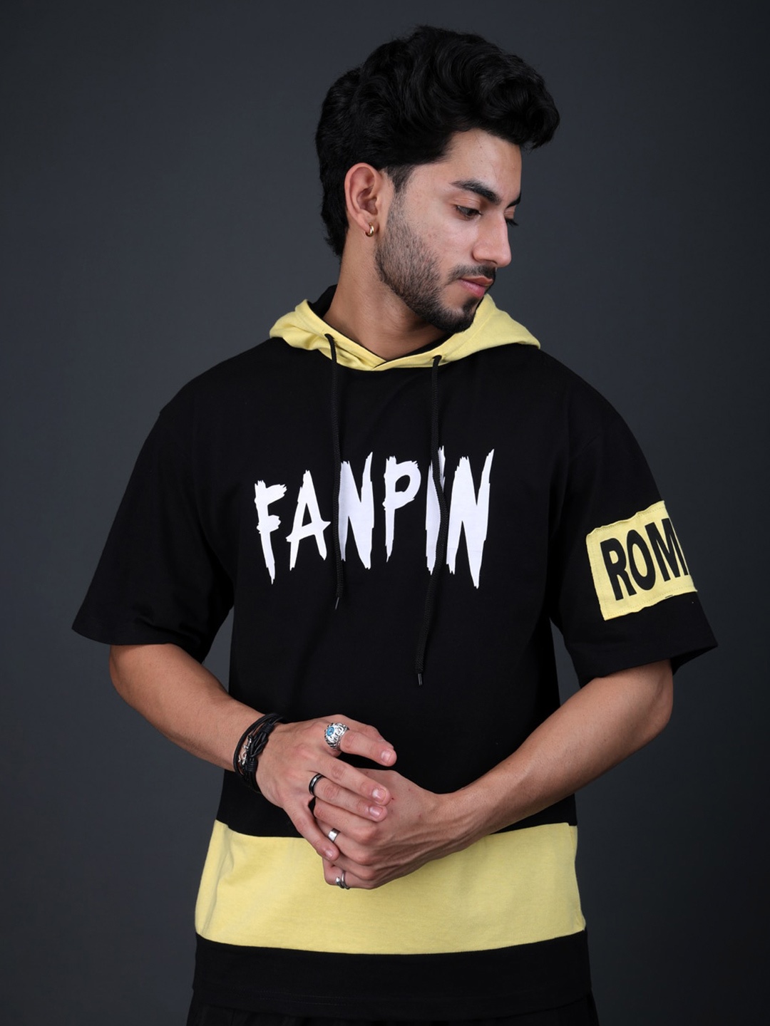 

Eyebogler Men Typography Printed Hooded Applique T-shirt, Black