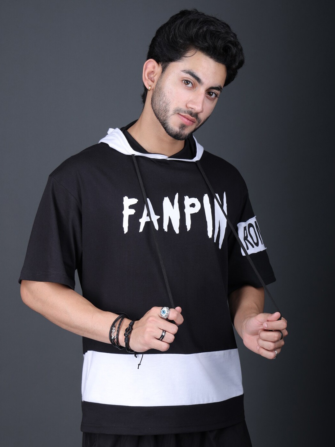 Eyebogler Men Typography Printed Applique T-shirt, Black