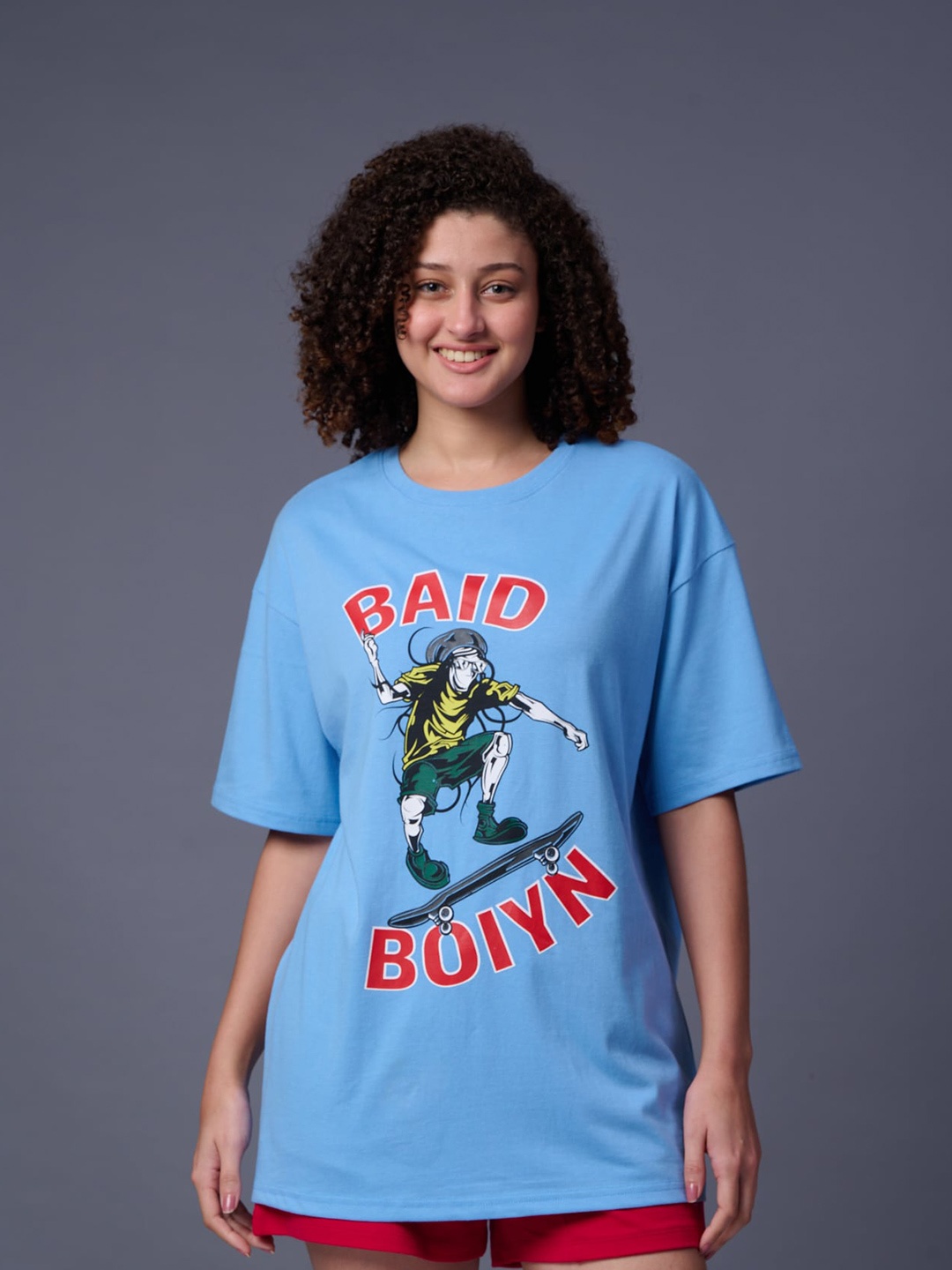

GO DEVIL Graphic Printed Round Neck Drop-Shoulder Sleeves Cotton Regular T-shirt, Blue
