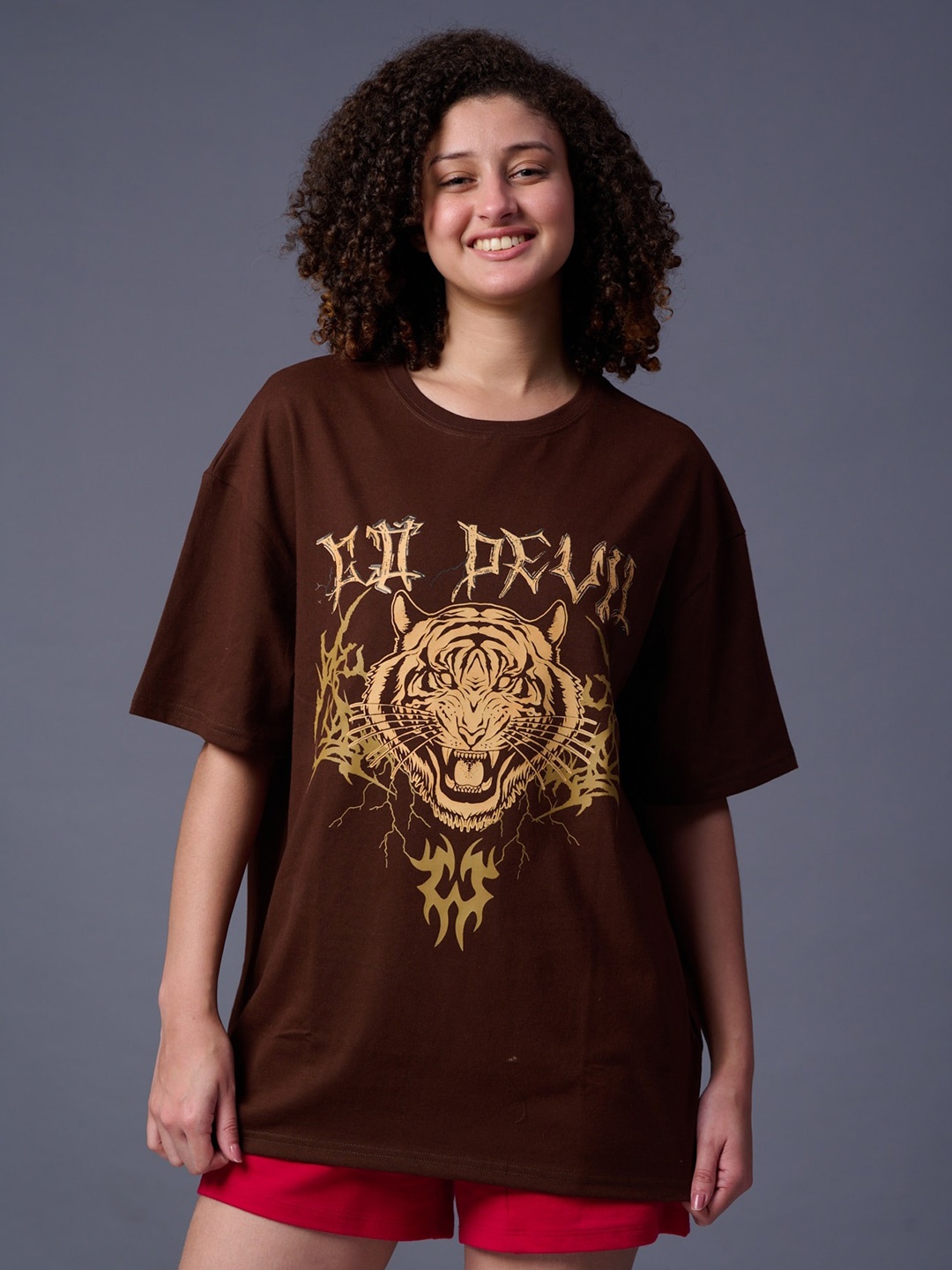 

GO DEVIL Graphic Printed Drop-Shoulder Sleeves Cotton T-shirt, Coffee brown