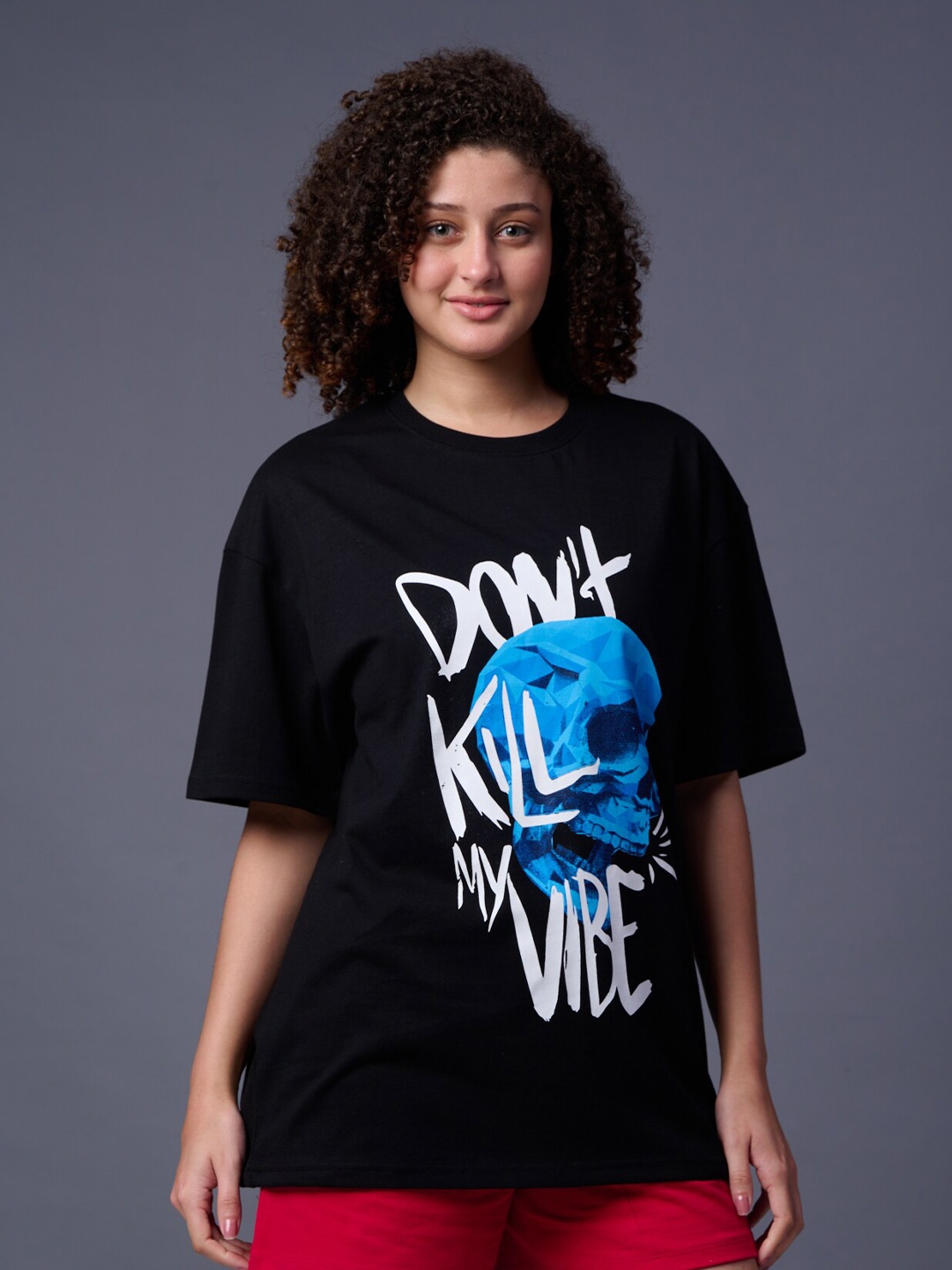

GO DEVIL Graphic Printed Round Neck Drop-Shoulder Sleeves Cotton T-Shirt, Black