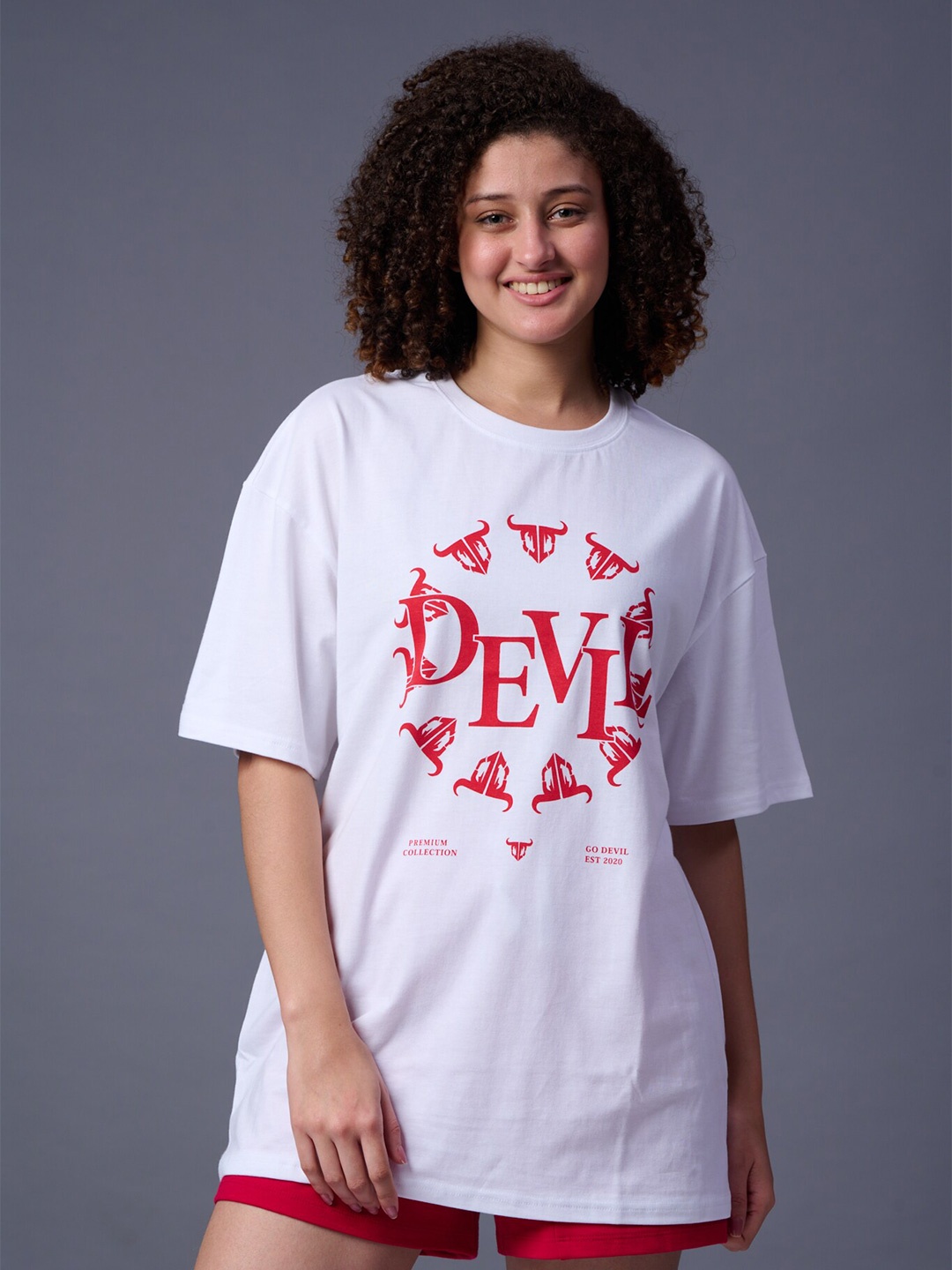 

GO DEVIL Typography Printed Drop Shoulder Sleeves Cotton T-shirt, White