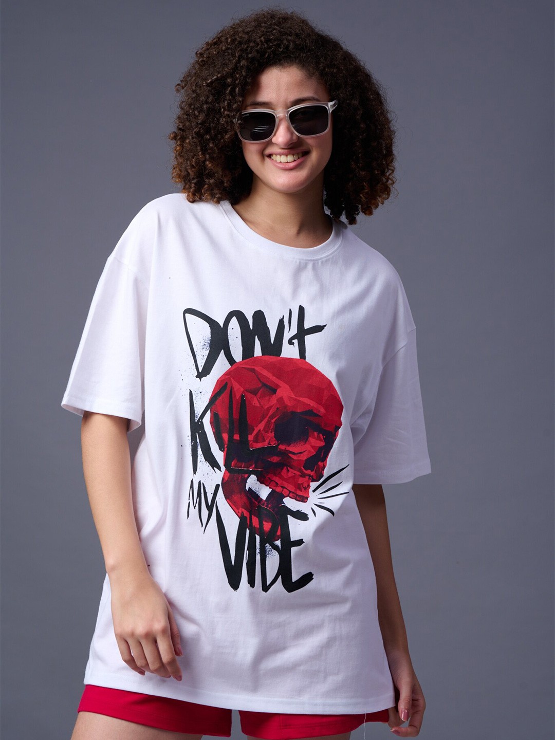 

GO DEVIL Graphic Printed Round Neck Drop-Shoulder Sleeves Cotton T-Shirt, White