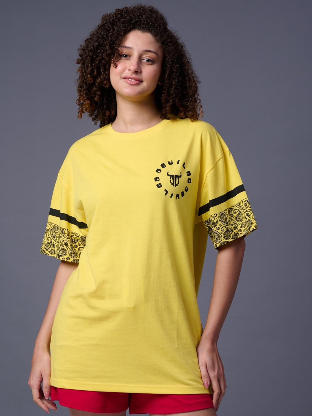 

GO DEVIL Typography Printed Drop-Shoulder Sleeves Cotton T-shirt, Yellow