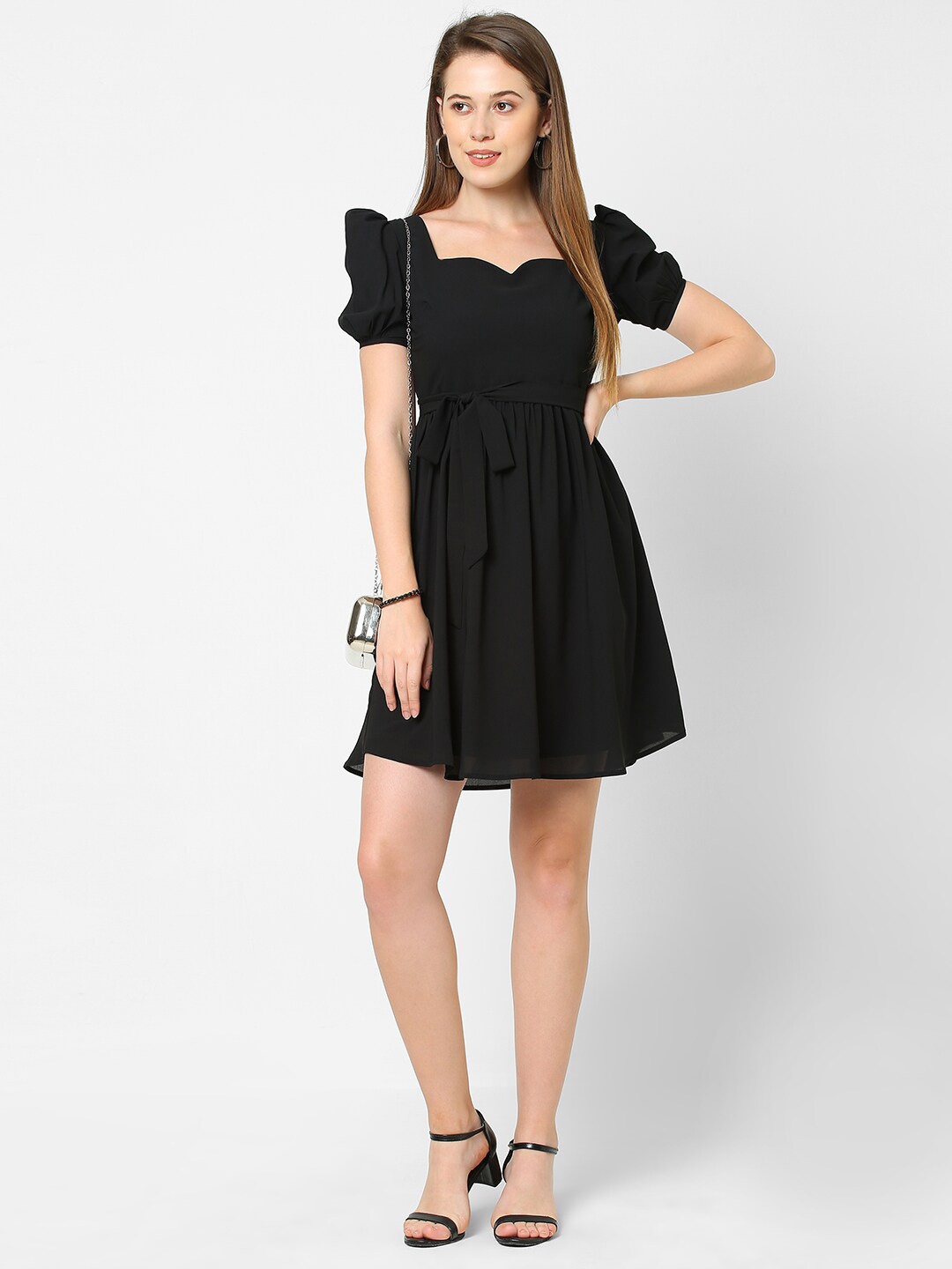 

MISH Women Sweetheart Neck Puff Sleeve Fit & Flare Dress, Black