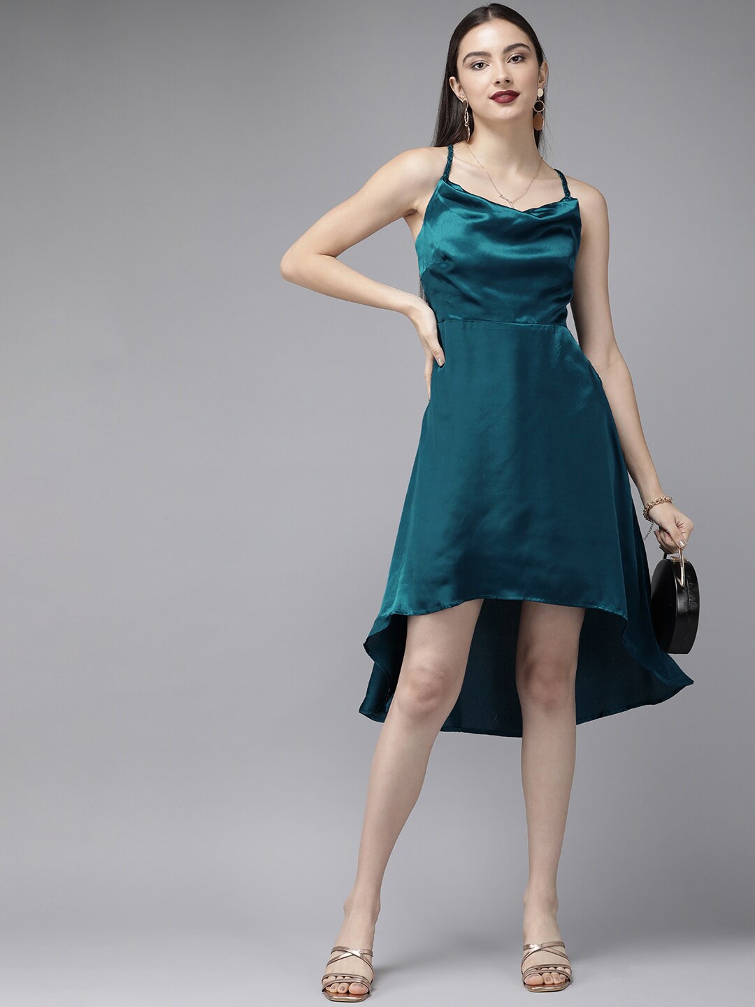 

MISH Women Cowl Neck A-Line High-Low Dress, Teal