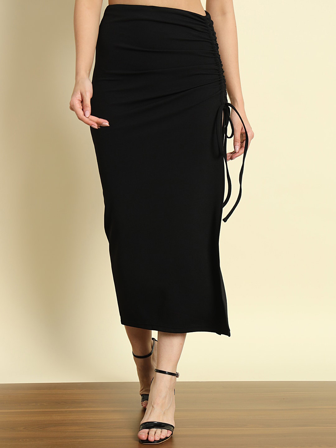 

Trend Arrest Straight Drawstring Side Slit Midi Skirt, Black