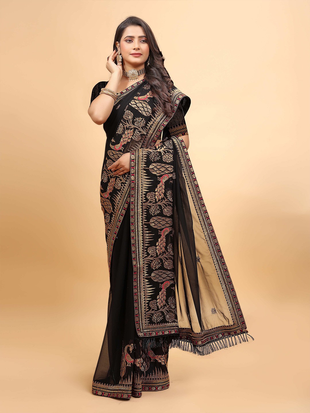 

DRIZOMIZ Floral Embroidered Pure Georgette Heavy Work Ikat Saree, Black