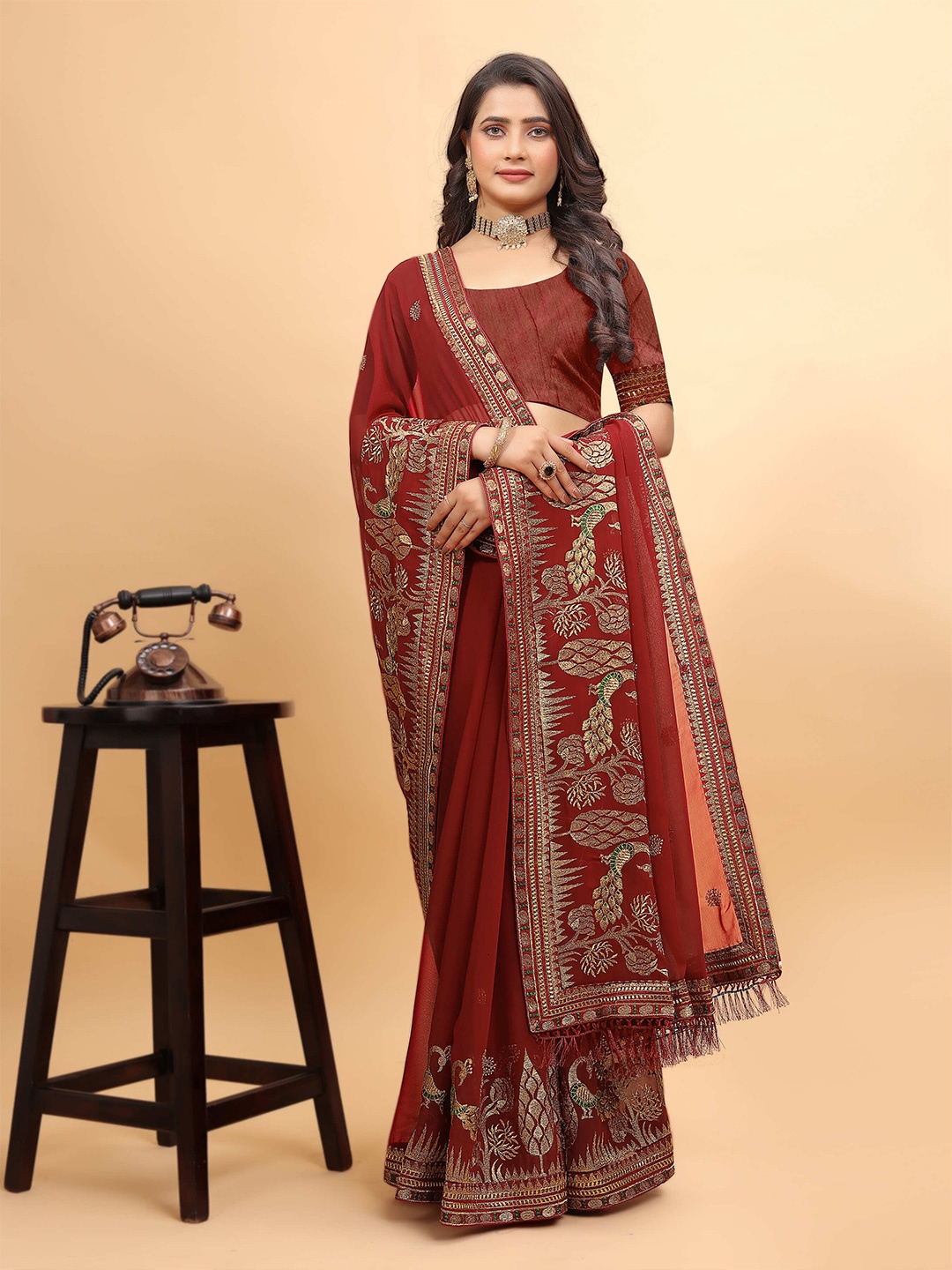 

DRIZOMIZ Floral Embroidered Pure Georgette Heavy Work Ikat Saree, Maroon