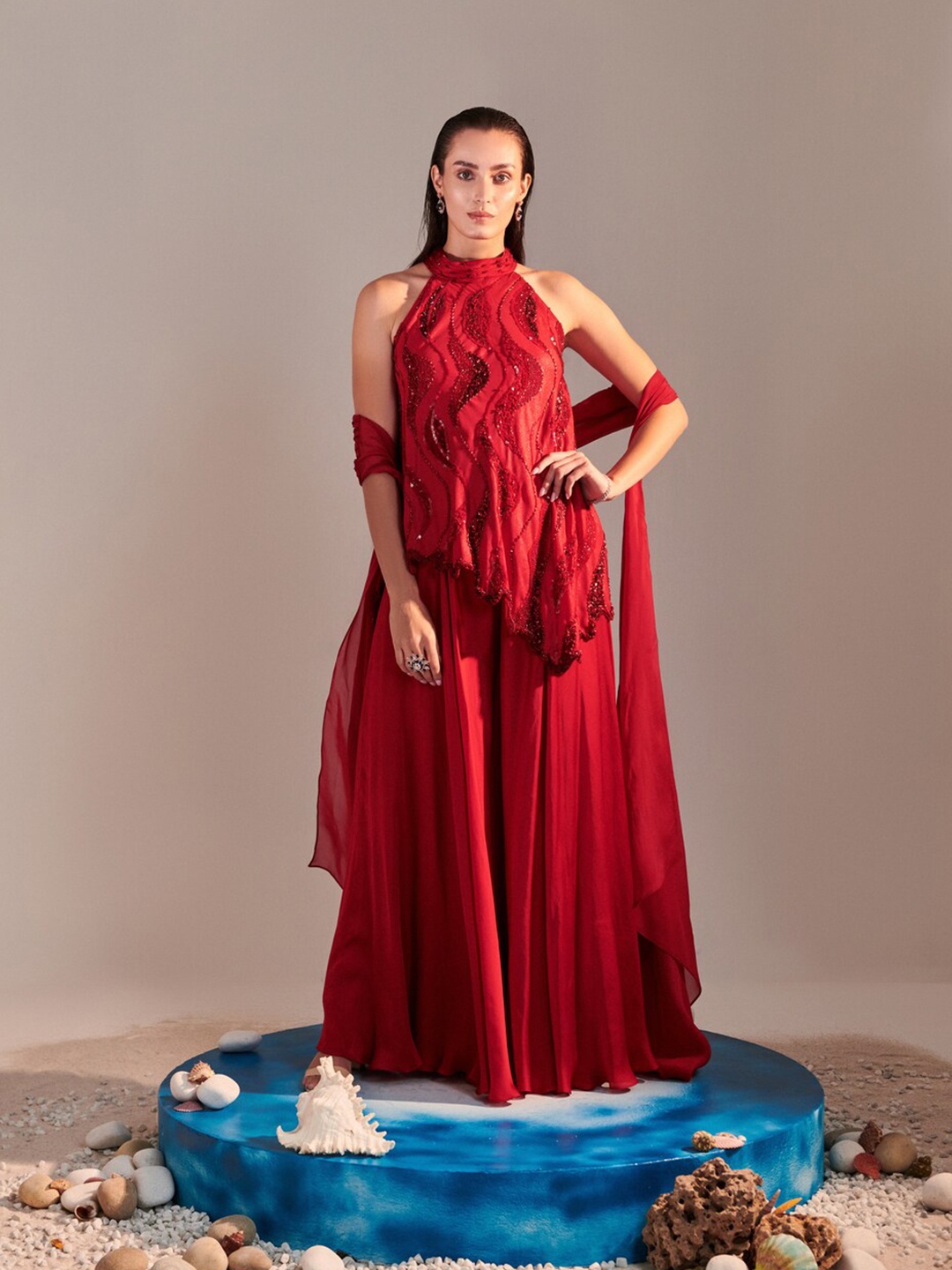 

ONE KNOT ONE Asymmetric Tunic With Flared Sharara Set, Red