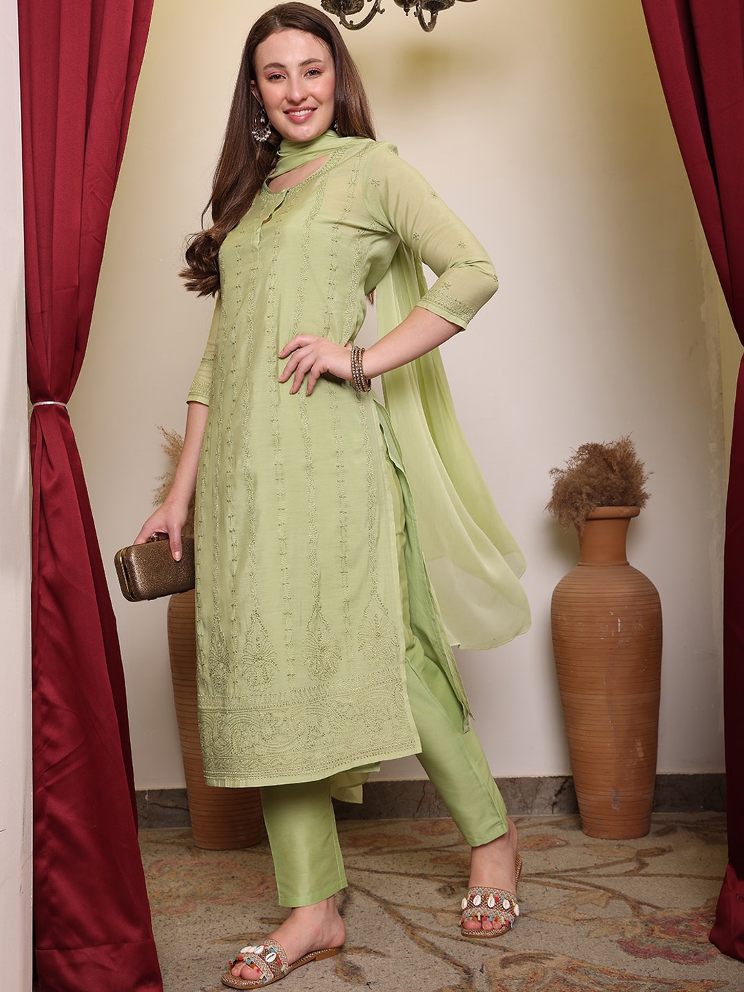 

House of Pataudi Chikankari Embroidered Straight Kurta With Trouser & Dupatta Set, Green