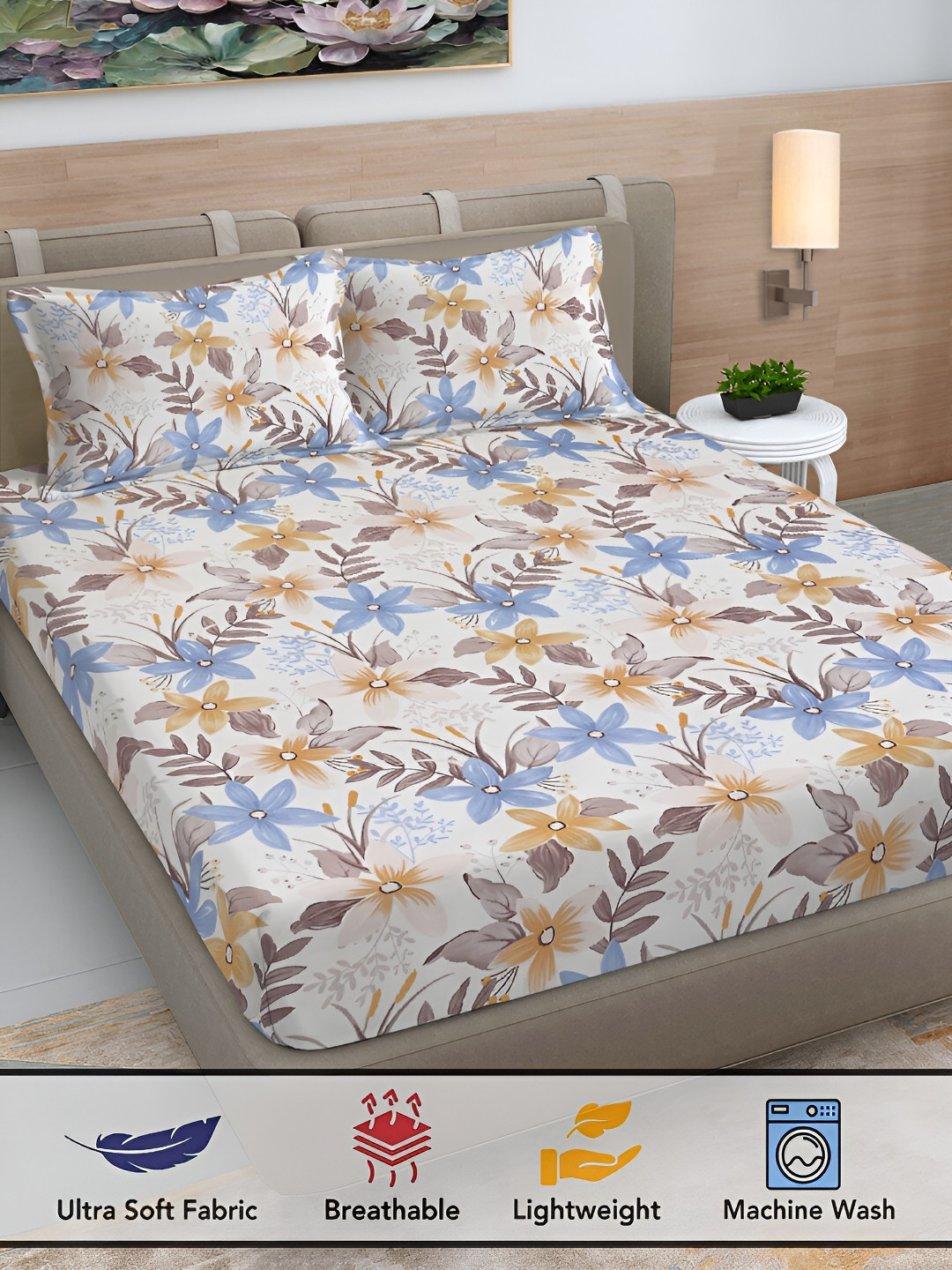 

FABINALIV Cream-Coloured Floral Print 300 TC Super King Size Bedsheet & 2 Pillow Covers