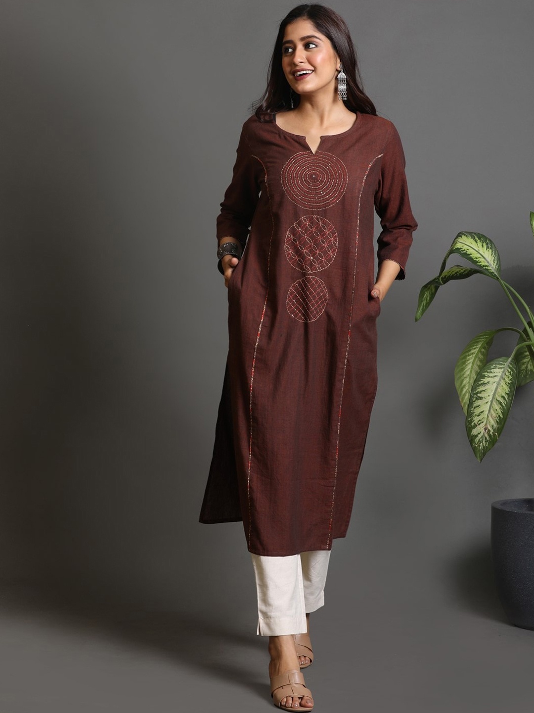 

Earthwear Women Embroidered Flared Sleeves Thread Work Khadi Kurta, Brown