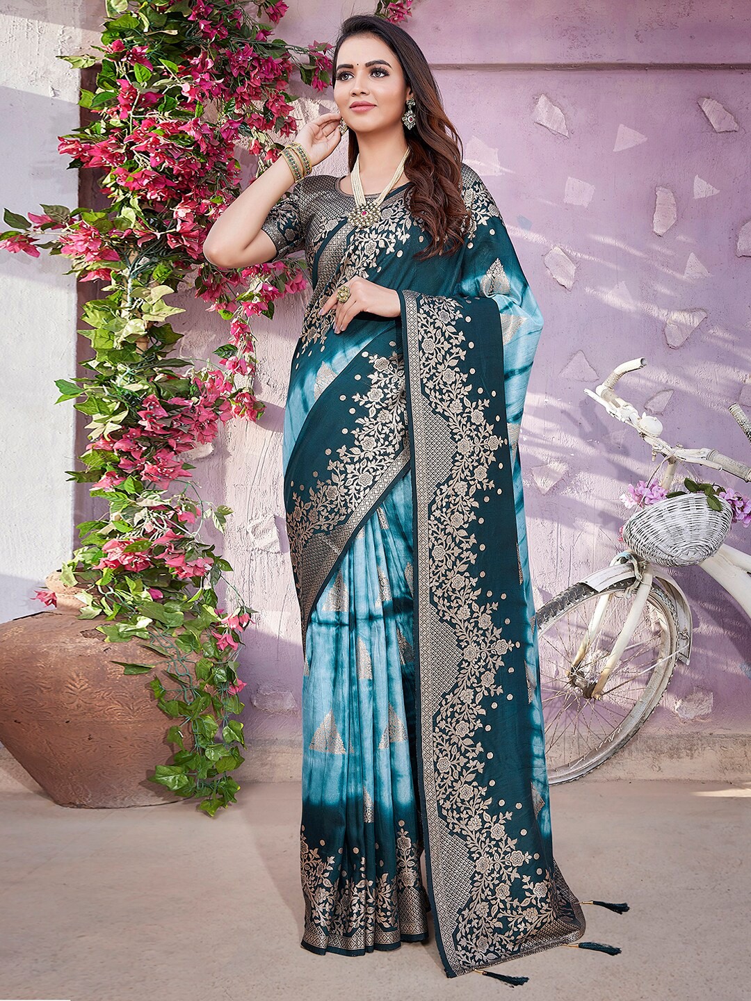 

Mitera Ethnic Zari Woven Design Banarasi Saree with Tassels, Turquoise blue