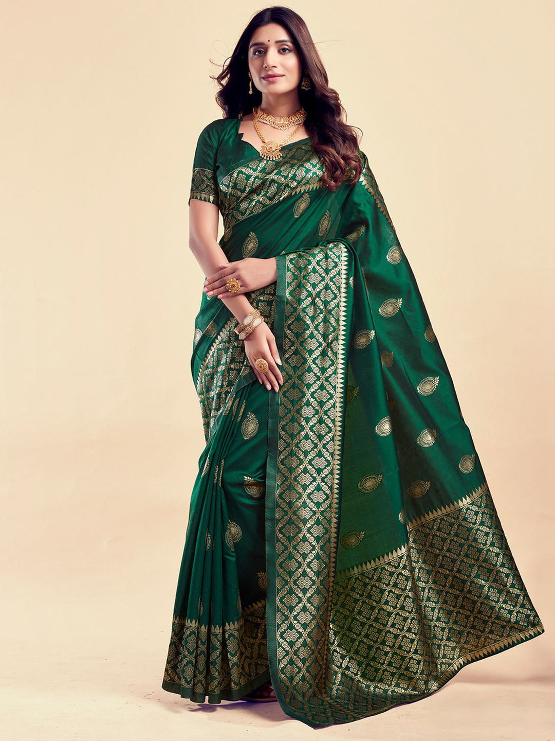 

KALINI Ethnic Motifs Woven Design Zari Banarasi Saree, Green