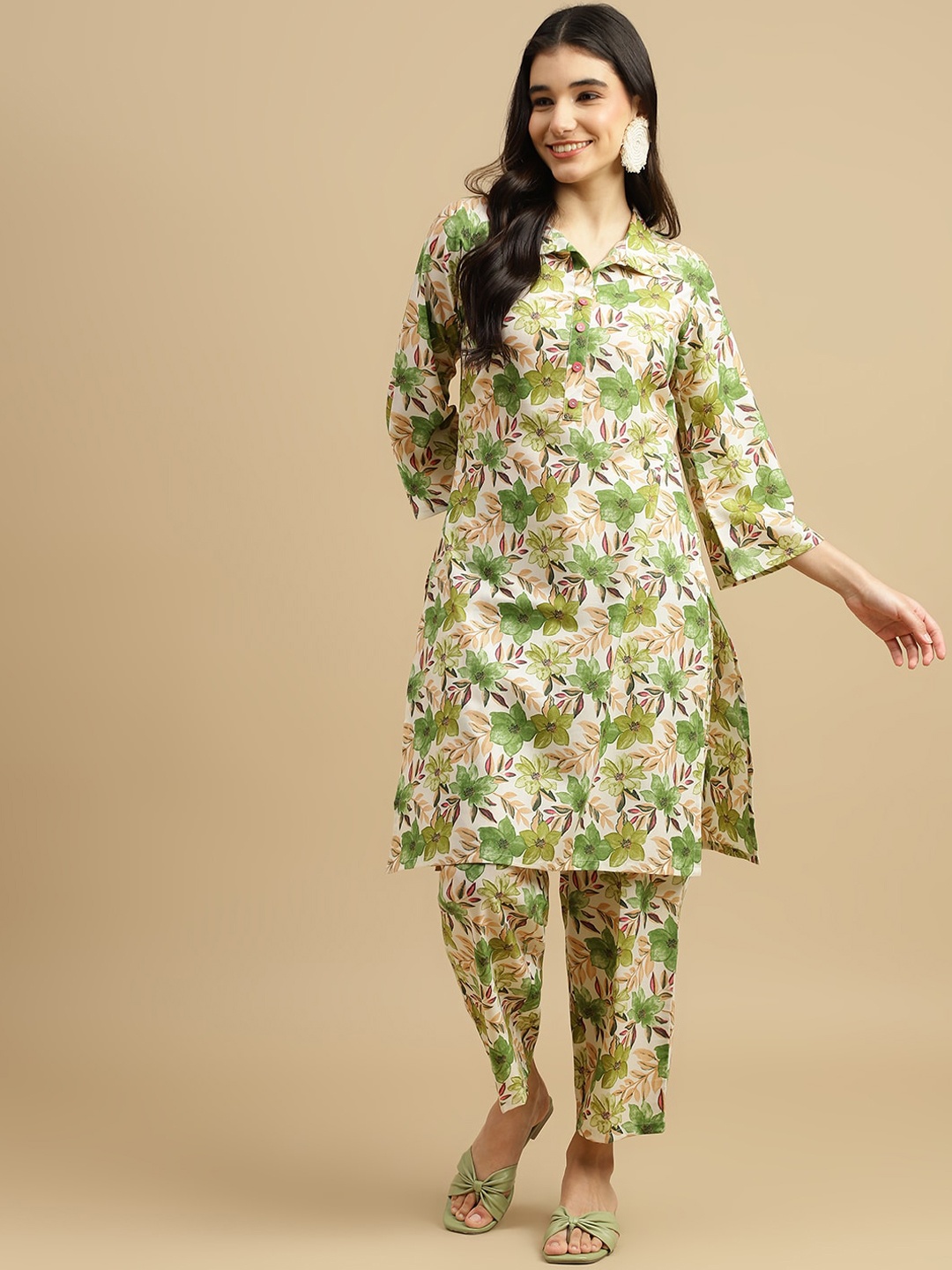 

J Turritopsis Printed Shirt Collar Three Quarter Sleeves Tunic With Trouser, Green