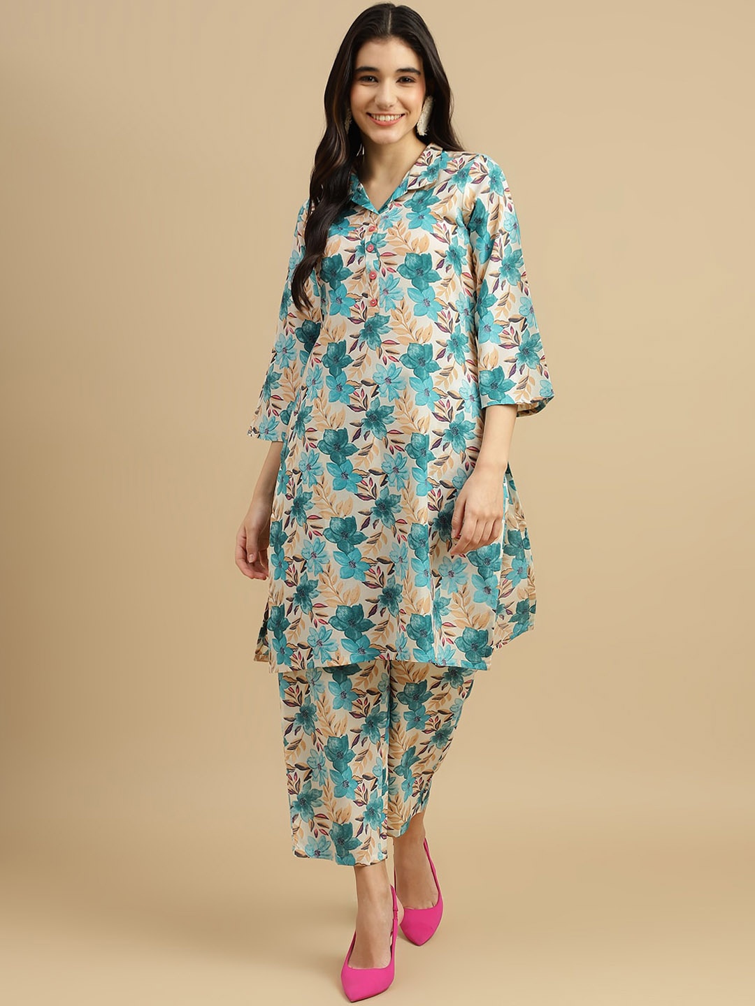 

J Turritopsis Printed Shirt Collar Three Quarter Sleeve Tunic And Trouser, Turquoise blue