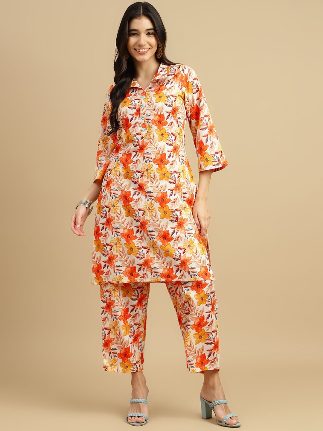 

J Turritopsis Floral Printed Top With Trousers, Orange