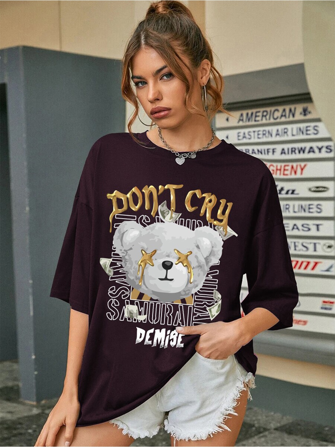 

CHKOKKO Women Typography Printed Applique T-shirt, Violet