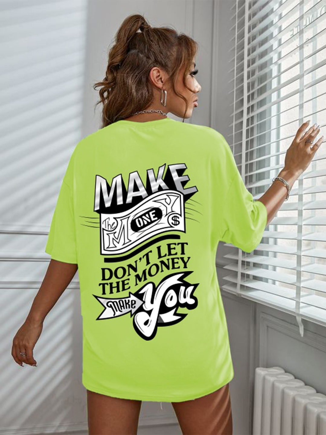 CHKOKKO Women Typography Striped V-Neck Raw Edge T-shirt, Green