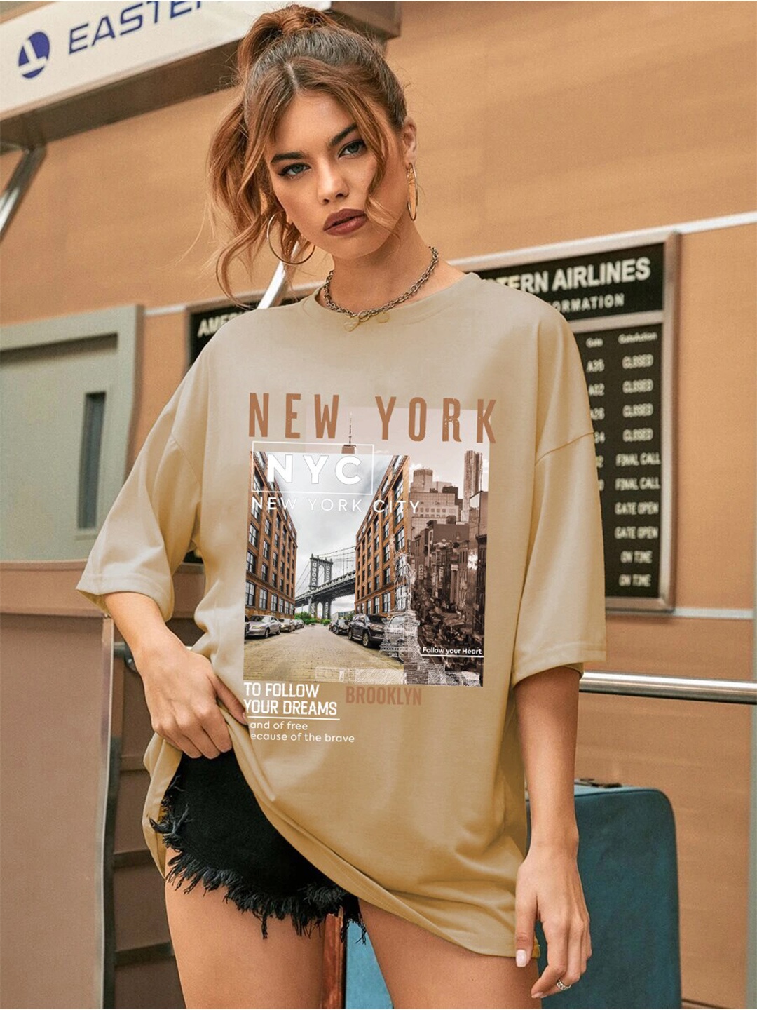 

CHKOKKO Women Typography Printed T-shirt, Khaki