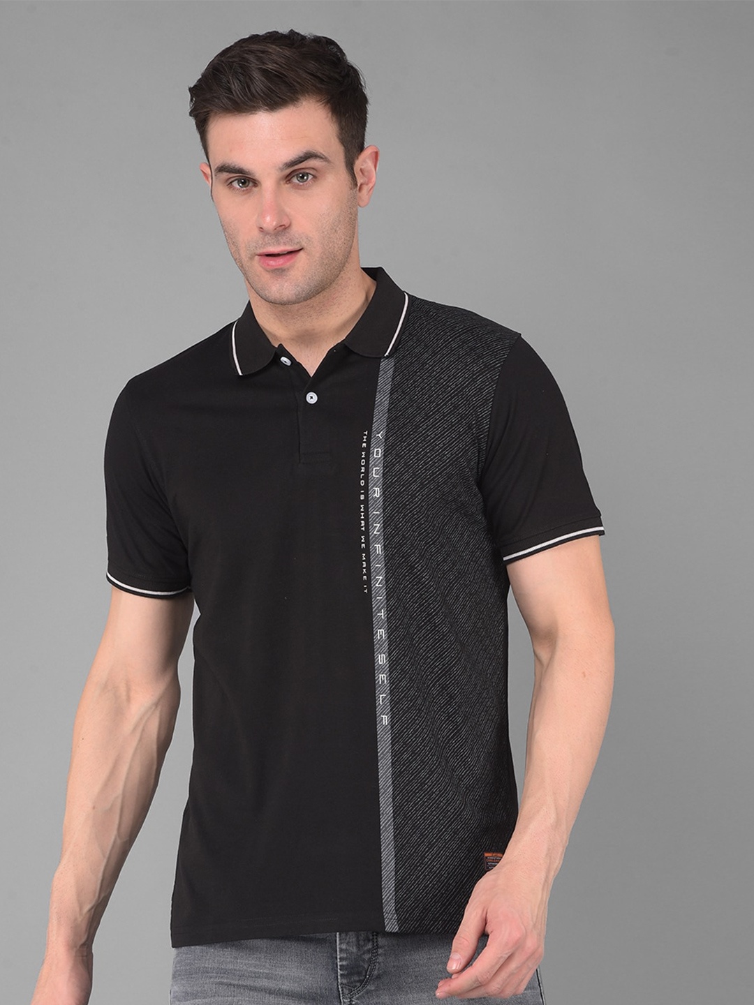 

COBB Geometric Printed Polo Collar Short Sleeves Cotton T-shirt, Black