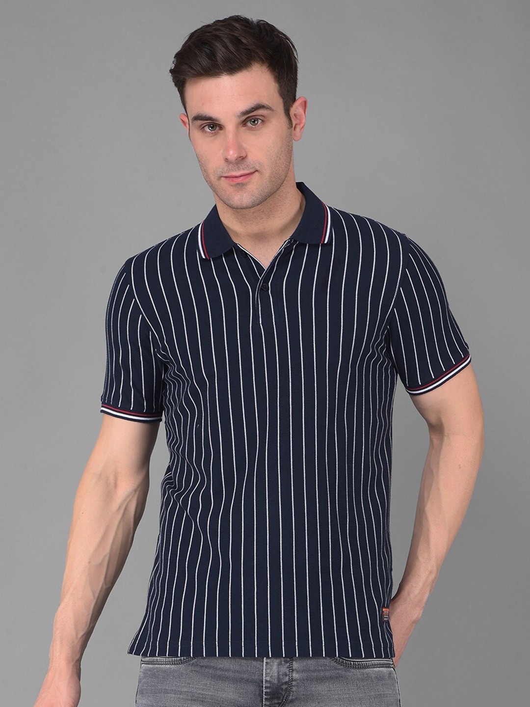 

COBB Men Striped Drop-Shoulder Sleeves Monochrome Pockets T-shirt, Navy blue