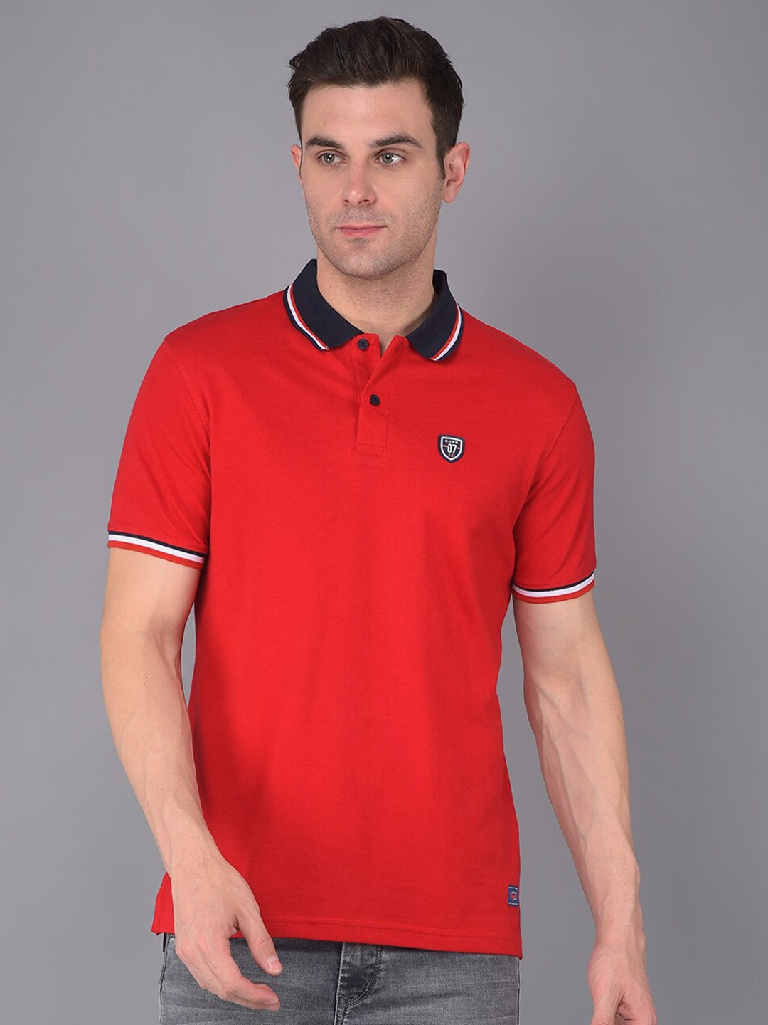 

COBB Men Polo Collar Applique T-shirt, Red