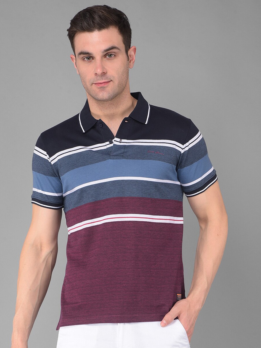 

COBB Men Striped Polo Collar Applique T-shirt, Navy blue