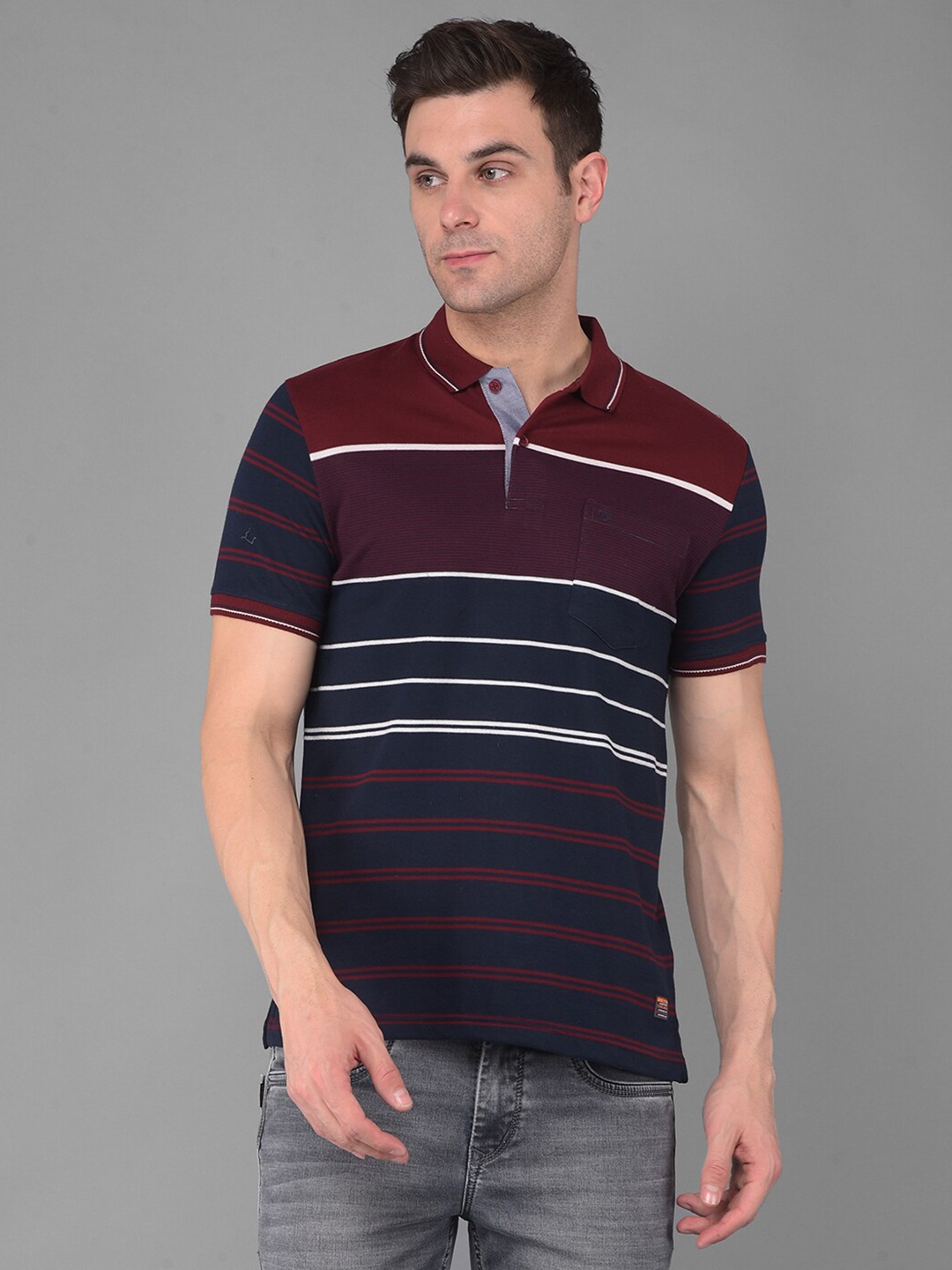 

COBB Men Striped Polo Collar Pockets T-shirt, Navy blue