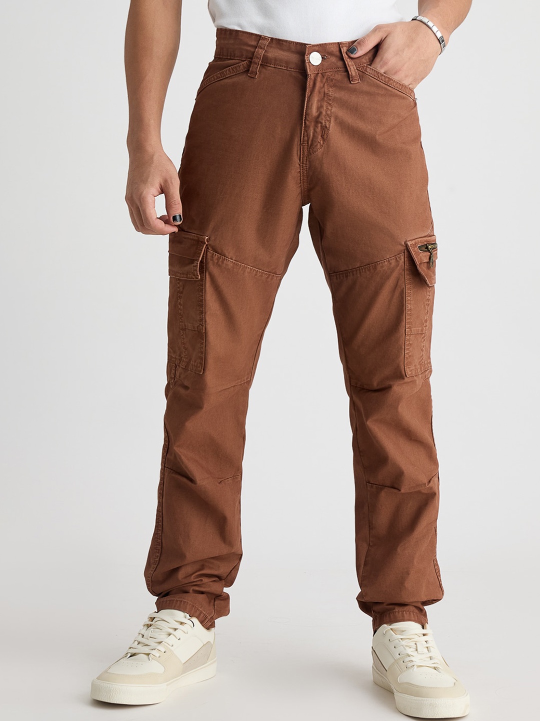 

FREAKINS Men Straight Fit Clean Look Cotton Cargo Jeans, Brown