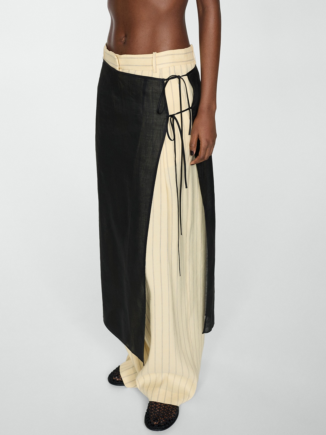 

MANGO Open Side Tie-Up Ramie Midi Straight Skirt, Black