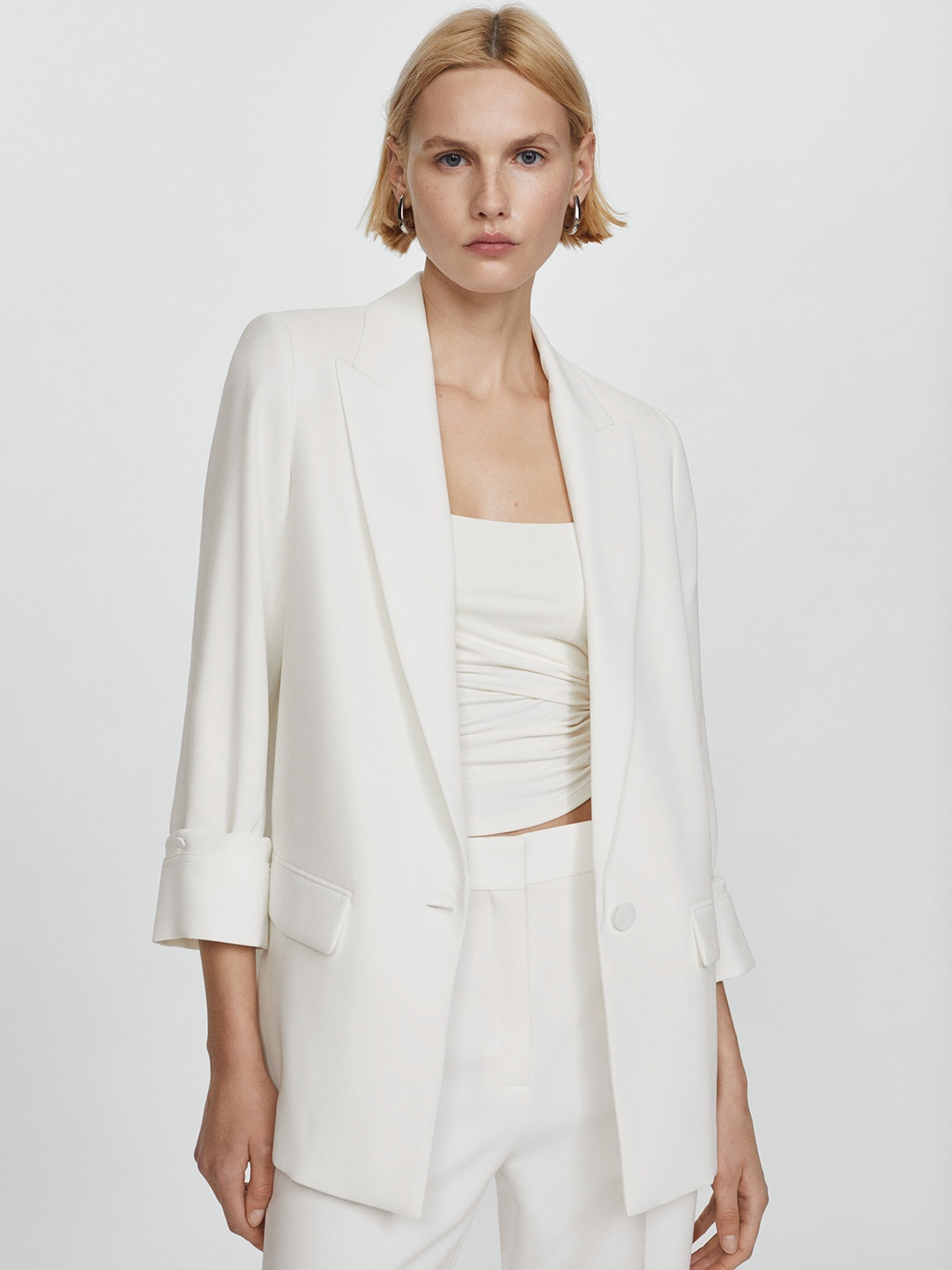 

MANGO Solid Single-Breasted Blazer, White