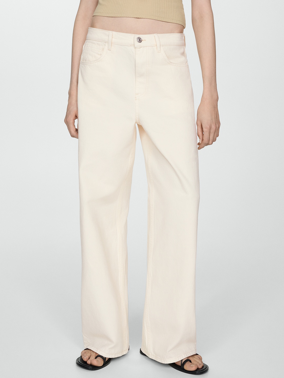 

MANGO Women Pure Cotton Coloured Jeans, Beige