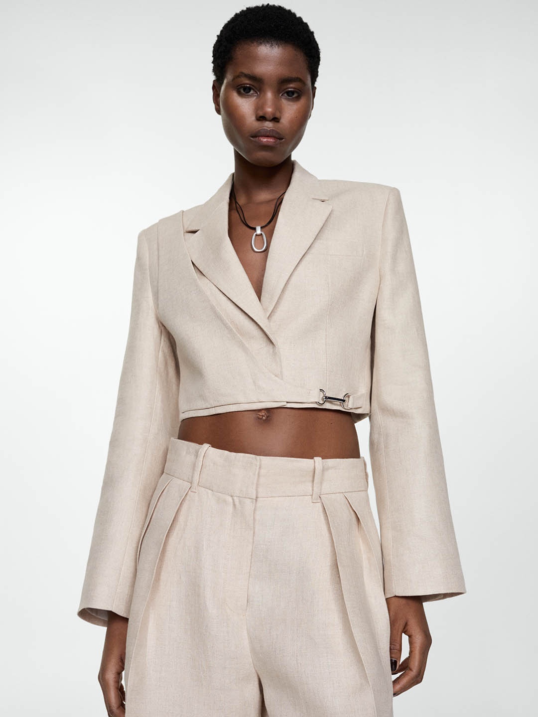 

MANGO Notched Lapel Collar Layered Detail Crop Blazer, Beige