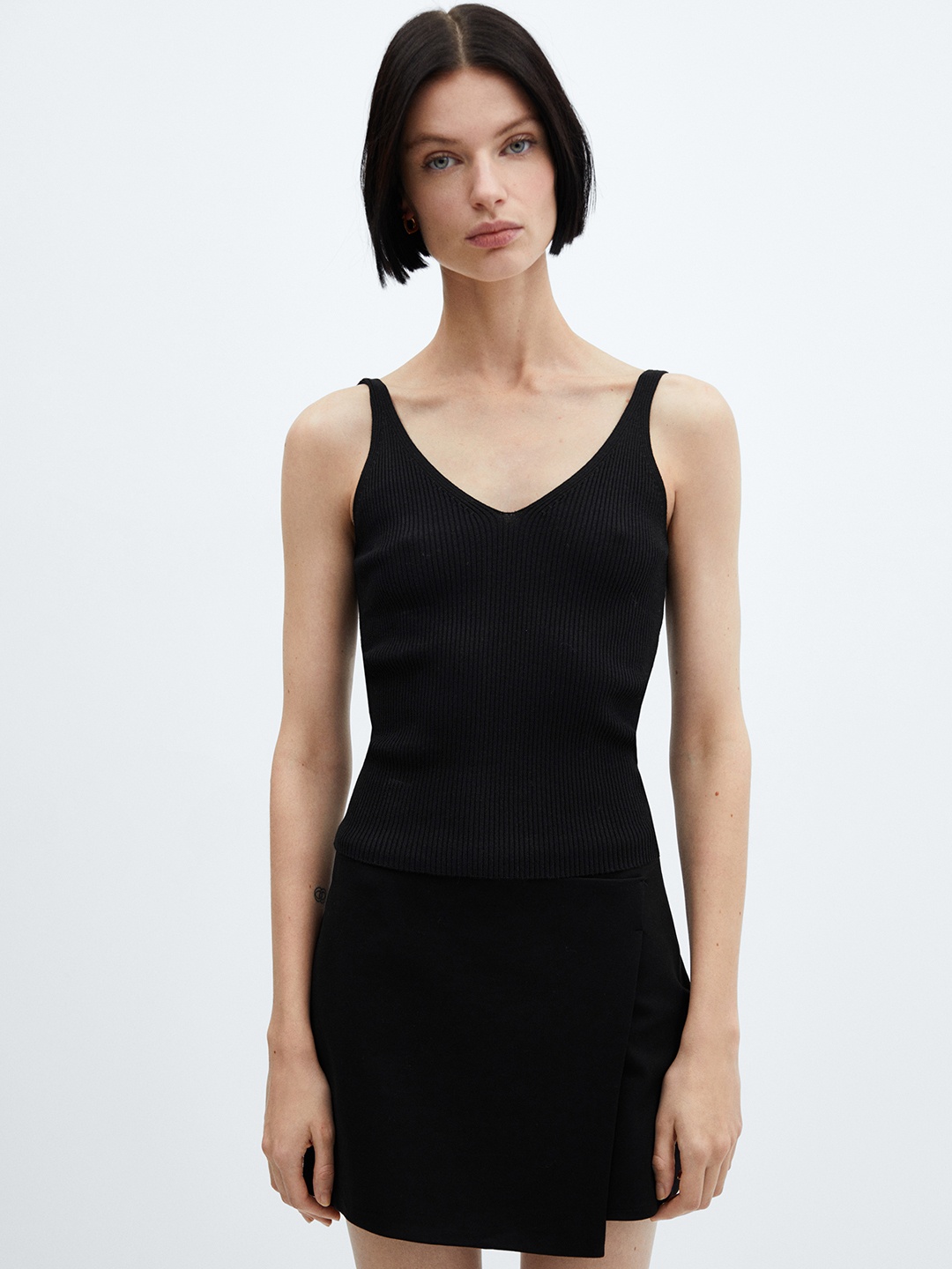 

MANGO V-Neck Ribbed Top, Black
