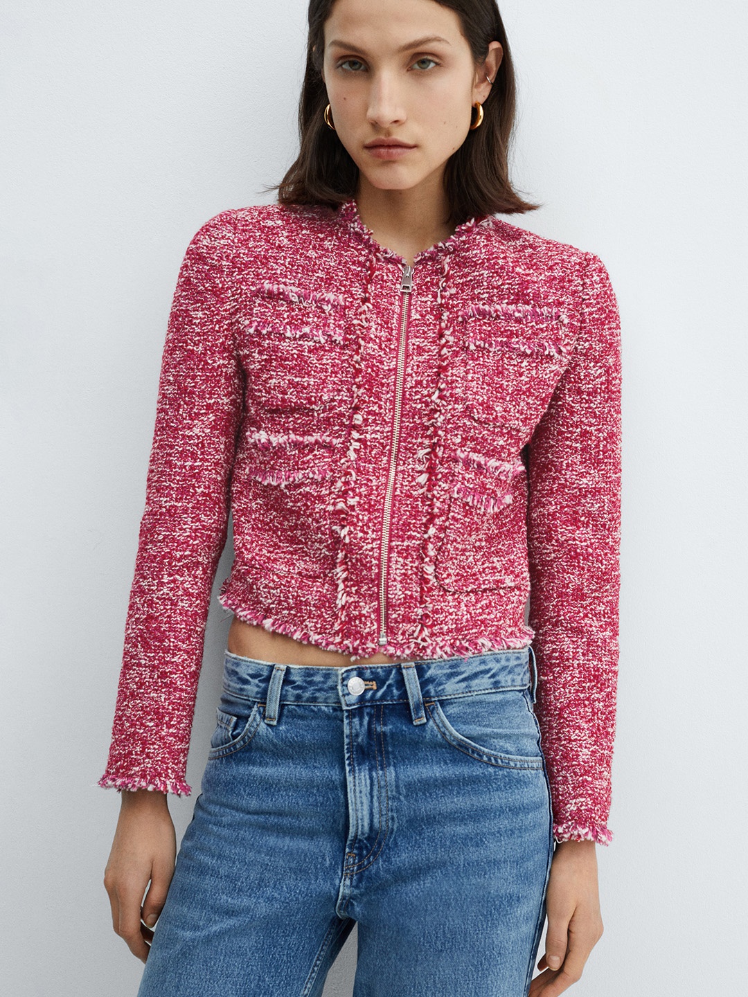 

MANGO Tweed Zipper Tailored Blazer, Red