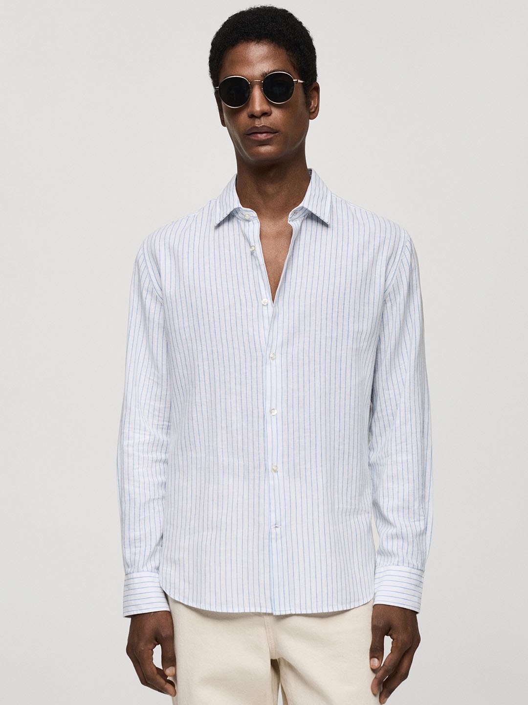 

MANGO MAN Linen Cotton Striped Casual Shirt, White