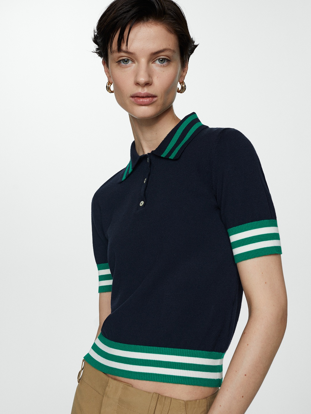 

MANGO Contrast Striped Polo Collar Knitted Top, Navy blue